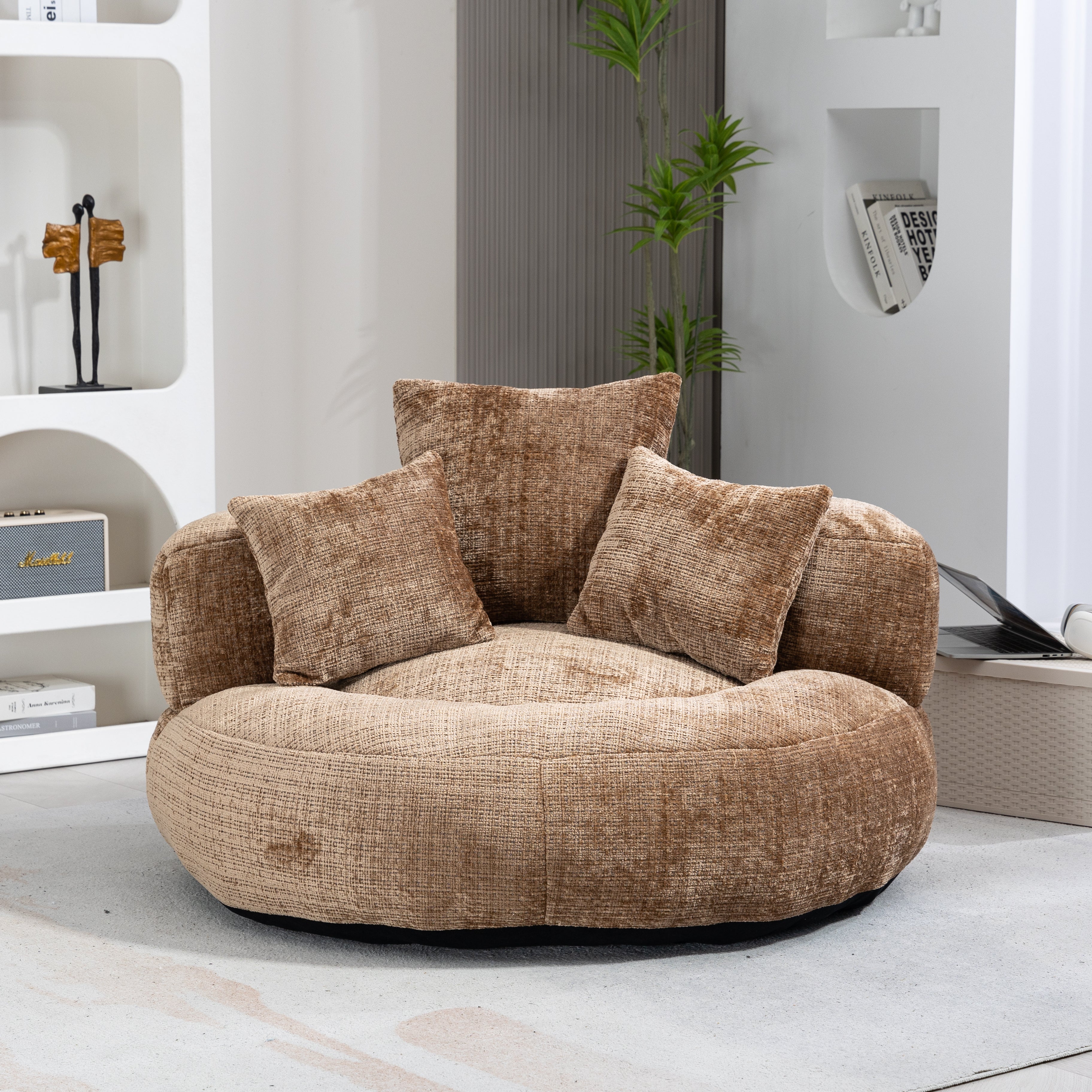 URBAN MEUBLE Pouf fauteuil rond beige en tissu chenille, bean bag confortable avec coussins pour salon et chambre - 5