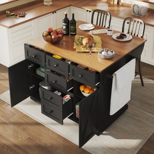 Carro de cocina negro con ruedas, bandeja abatible de madera, 5 cajones y 2 puertas, toallero y especiero