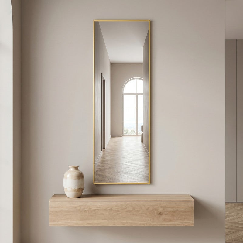 Miroir sur pied, Miroir chambre, Miroir mural, 150x40cm, Il peut être suspendu, placé verticalement ou contre un mur, Miroir mural rectangulaire, Doré - 2
