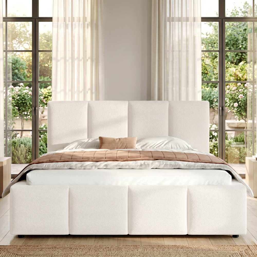 Lit double 180x200 cm rembourré beige bouclé avec tête de lit 11 cm, sommier à lattes inclus, design minimaliste et stable charge 300 kg - 2