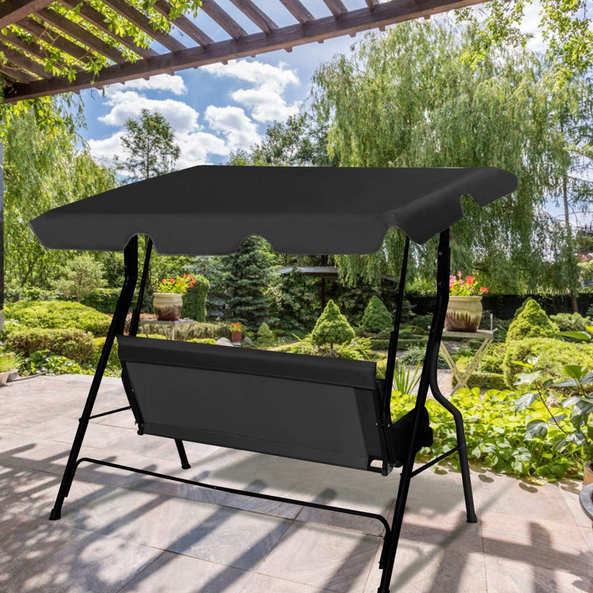 Baloiço de jardim de 3 lugares com teto impermeável 170 x 110 x 153 cm (preto) - 8