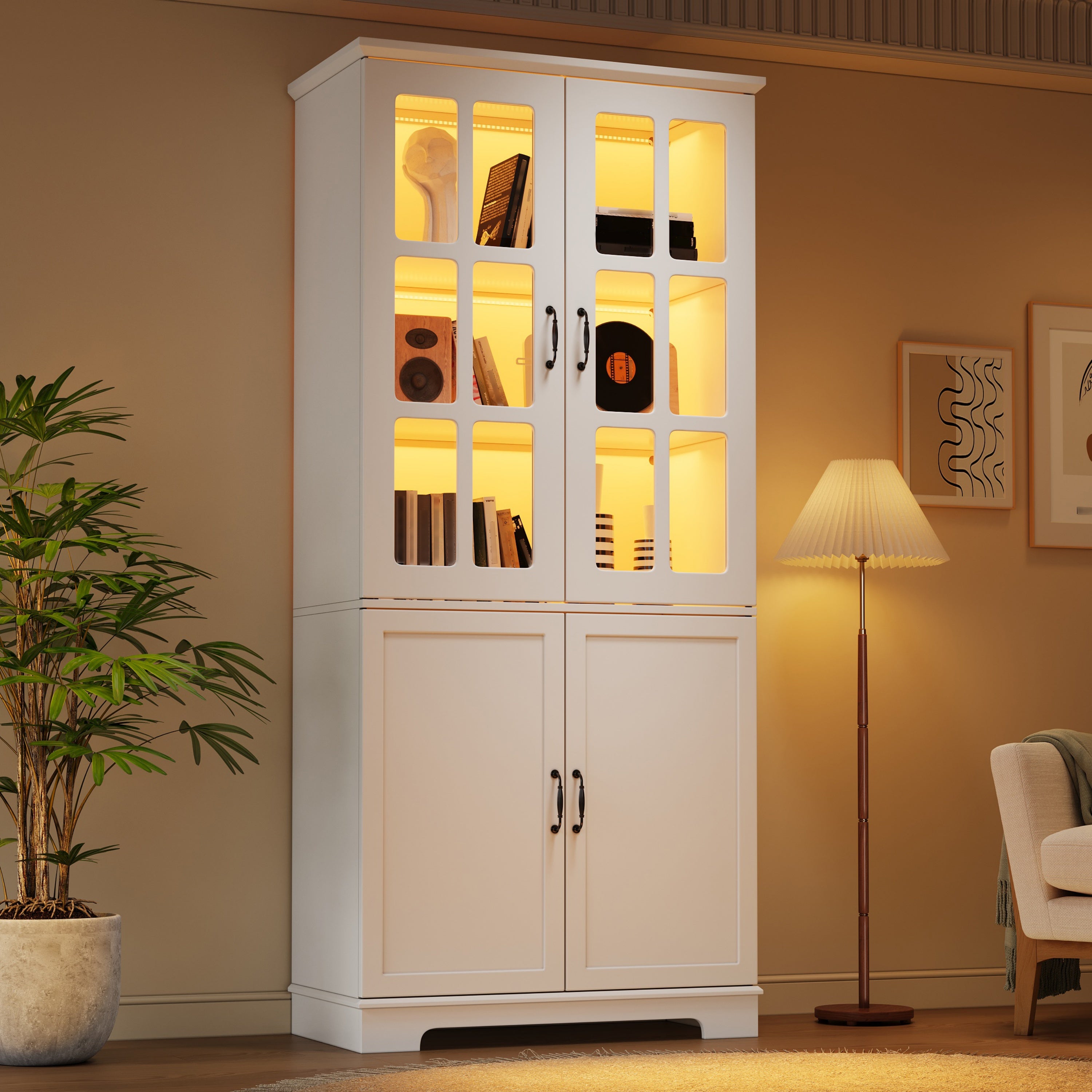 Witryna z 2 drzwiami ze szkła perforowanego i 5 poziomami przechowywania - 80 x 38 x 180 cm - diody LED - płyta wiórowa - kolor biały