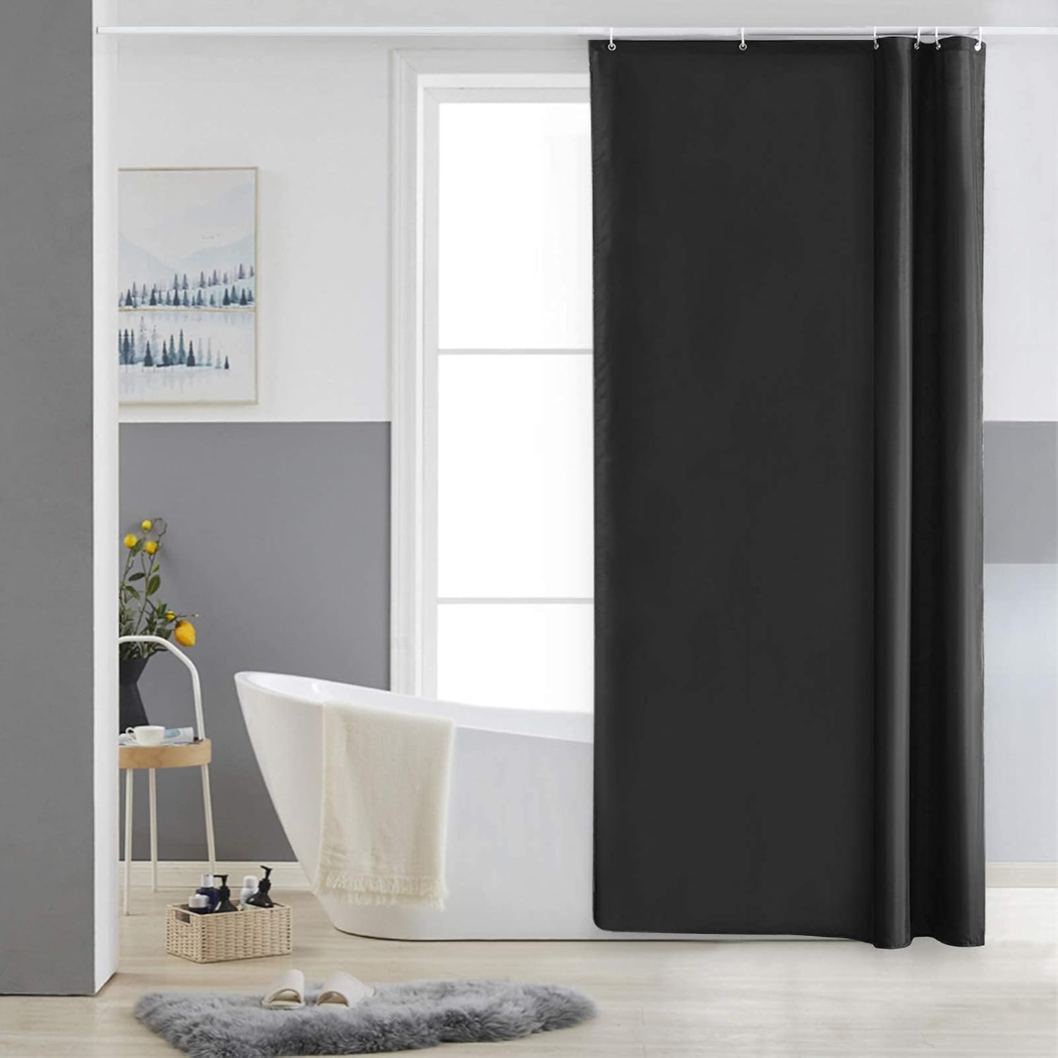 Zasłona prysznicowa, czarna (80x180 cm), odporna na pleśń, mała, z tkaniny poliestrowej, wodoodporna, nadająca się do prania w pralce