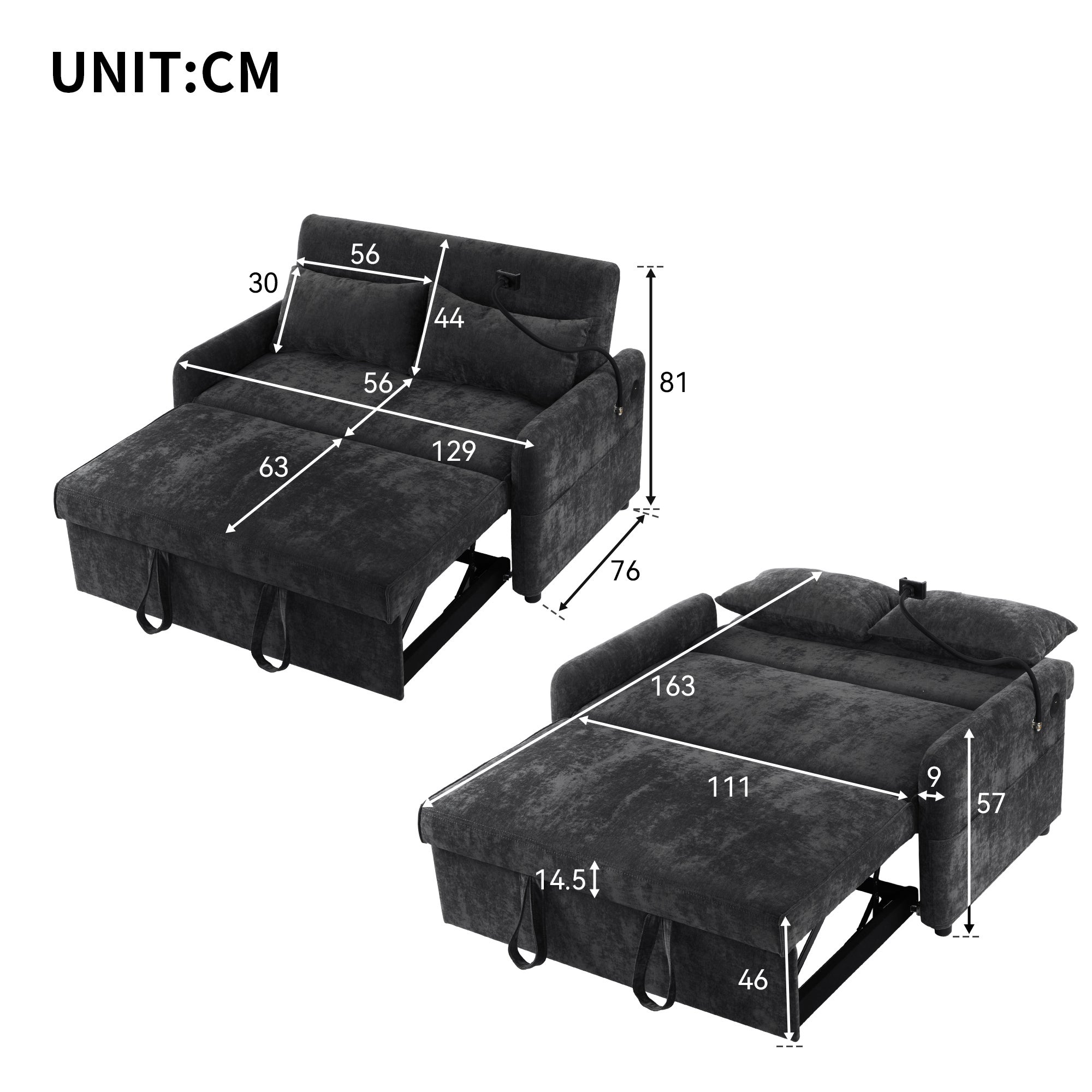 Canapé convertible réglable multi-angles en tissu chenille - 2 places - avec support téléphone et Ports USB - Gris - 5