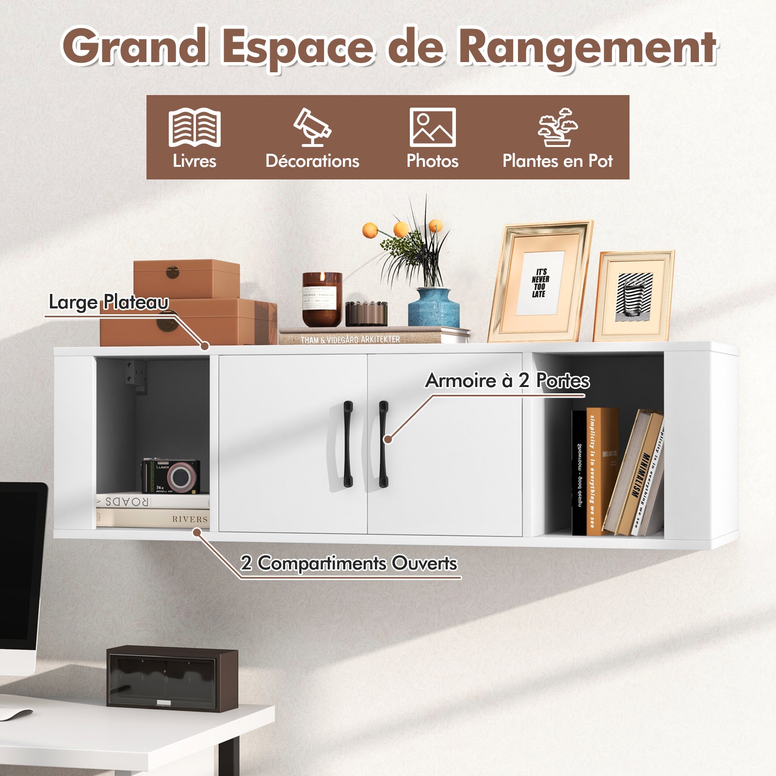 Armoire de Rangement Flottante à 2 Portes, Bureau Suspendu Mural avec 2 Cubes, Meuble de Console sous Télévision, pour Salon, Bureau, Cuisine, Blanc - 3