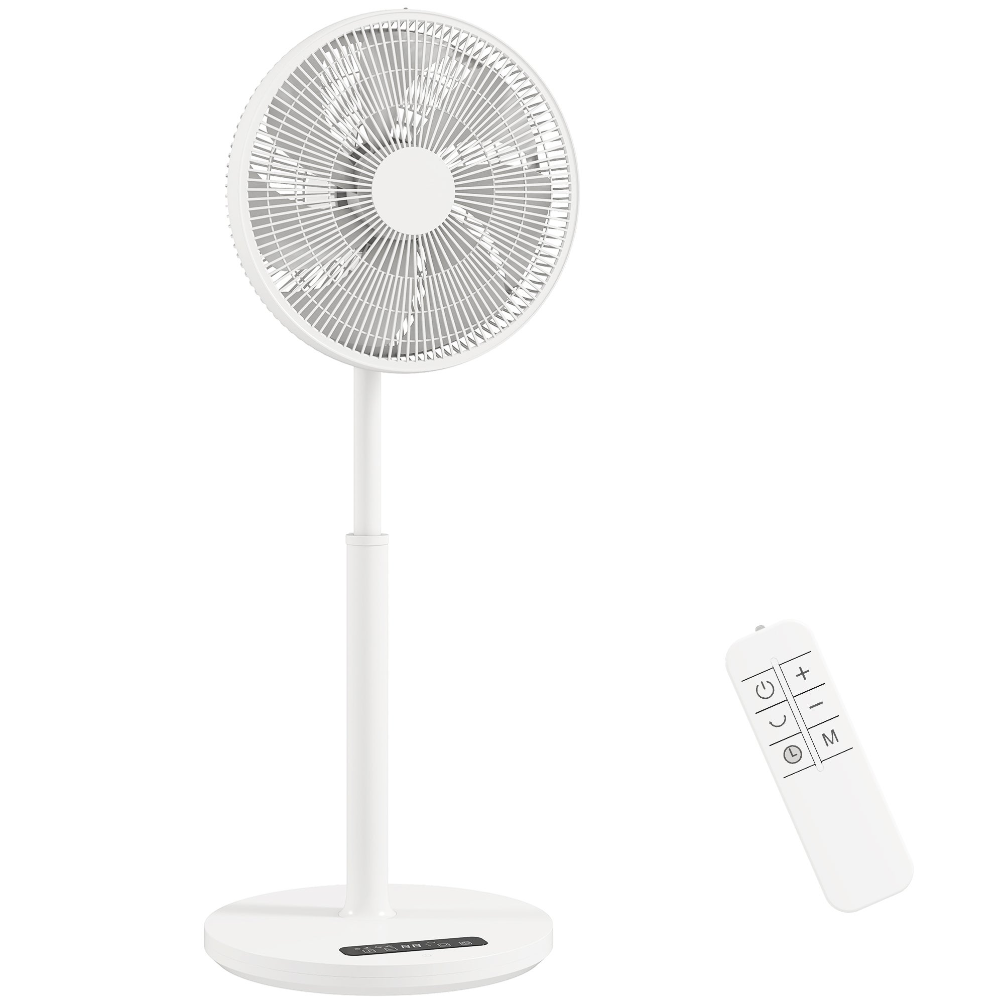 Ventilador de pedestal de 39 cm con 12 velocidades, 4 modos, temporizador de 9 horas, oscilación de 120°, altura regulable, color blanco.