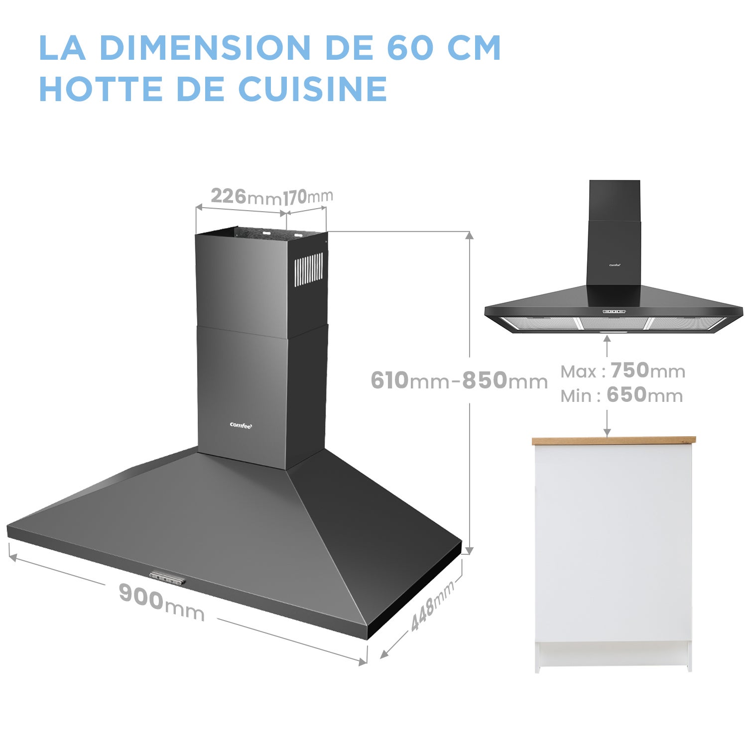 Hotte Aspirante Hotte Murale 90cm-400m³/h- 2 Filtres à Charbon- Recyclage ou Évacuation - 3 Vitesses - Noir - COMFEE Hotte de Cuisine - 9