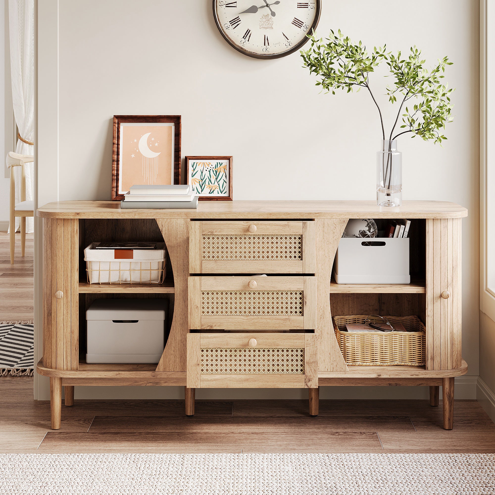 Buffet bas avec 3 tiroirs et 2 portes coulissantes en rotin - 140.5 x 40 x 76 cm - Panneaux de particules - Naturel - 9