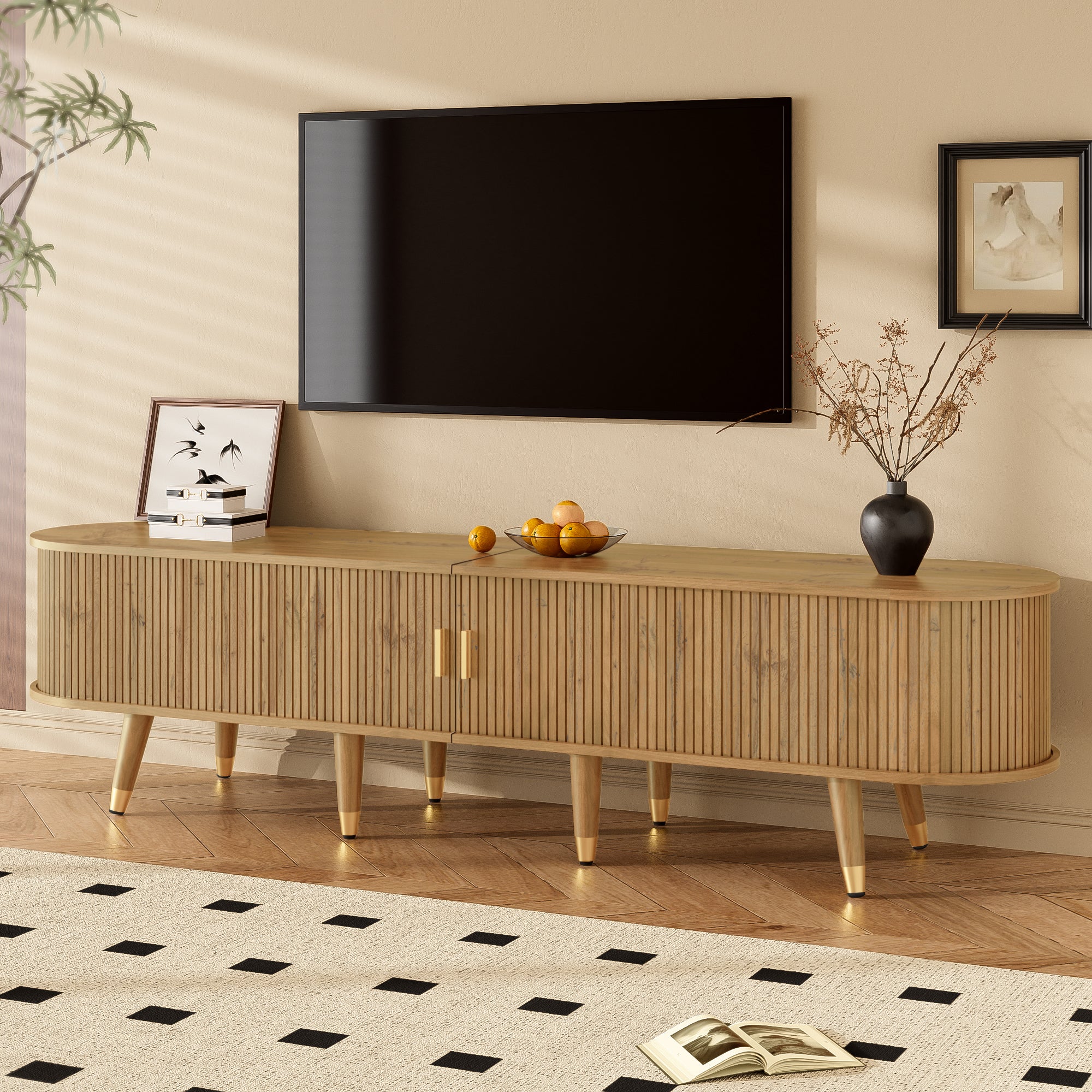 Stolik pod telewizor w stylu rustykalnym 175 x 38 x 45 cm - 2 drzwi przesuwne i 2 szuflady - Wykończenie drewniane - Płyta MDF - Naturalny - 7