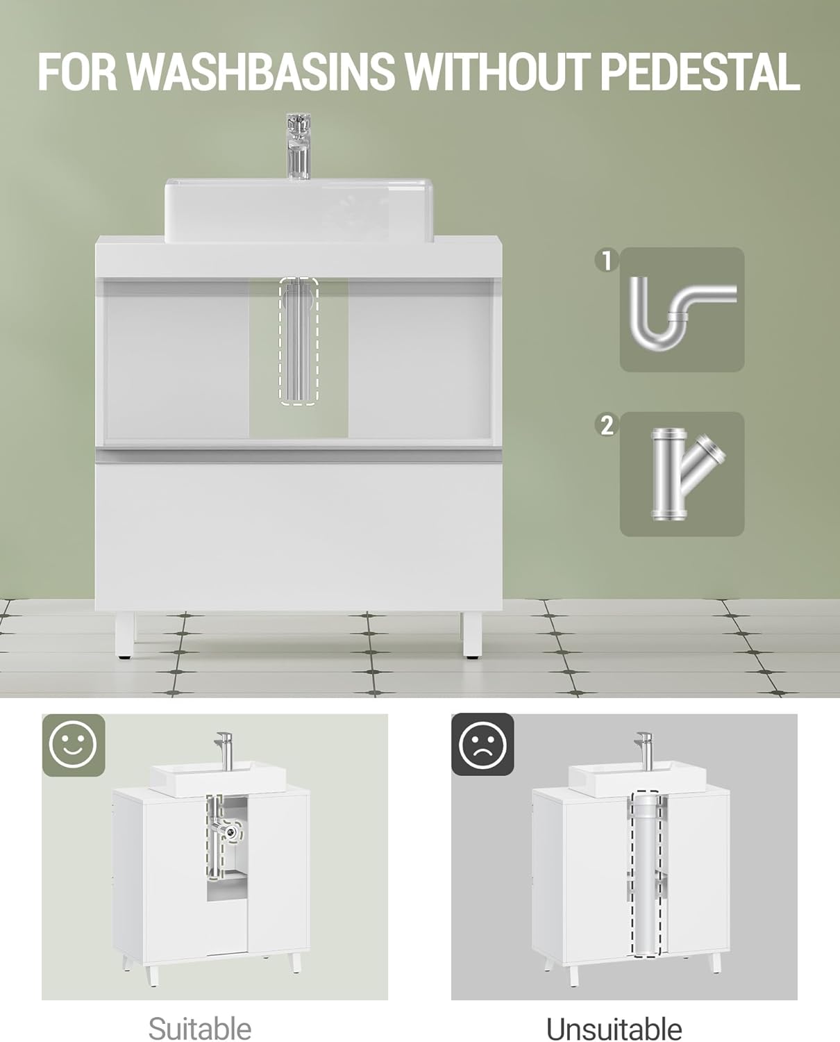 Mobile Sottolavabo per Bagno, Mobiletto da Bagno, 3 Cassetti, Piedini, indipendente, moderno, 30 x 60 x 64 cm, Bianco - 5