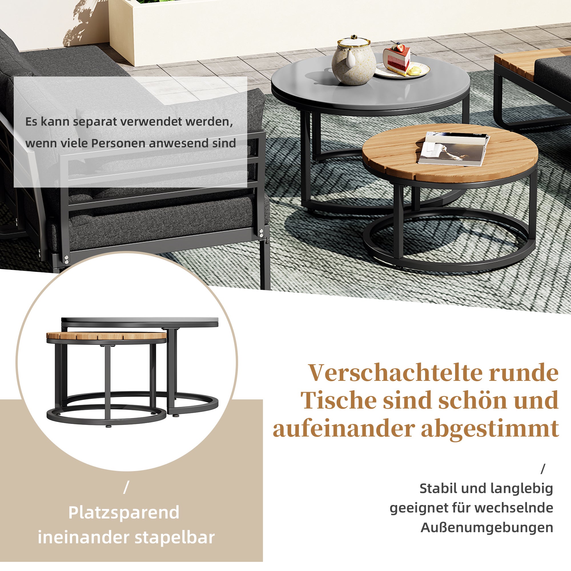 Salon de jardin modulable en fer galvanisé : 2 canapé 2 places + 1 canapé 1 place + 1 tabouret + tables basses gigognes - Gris - 9