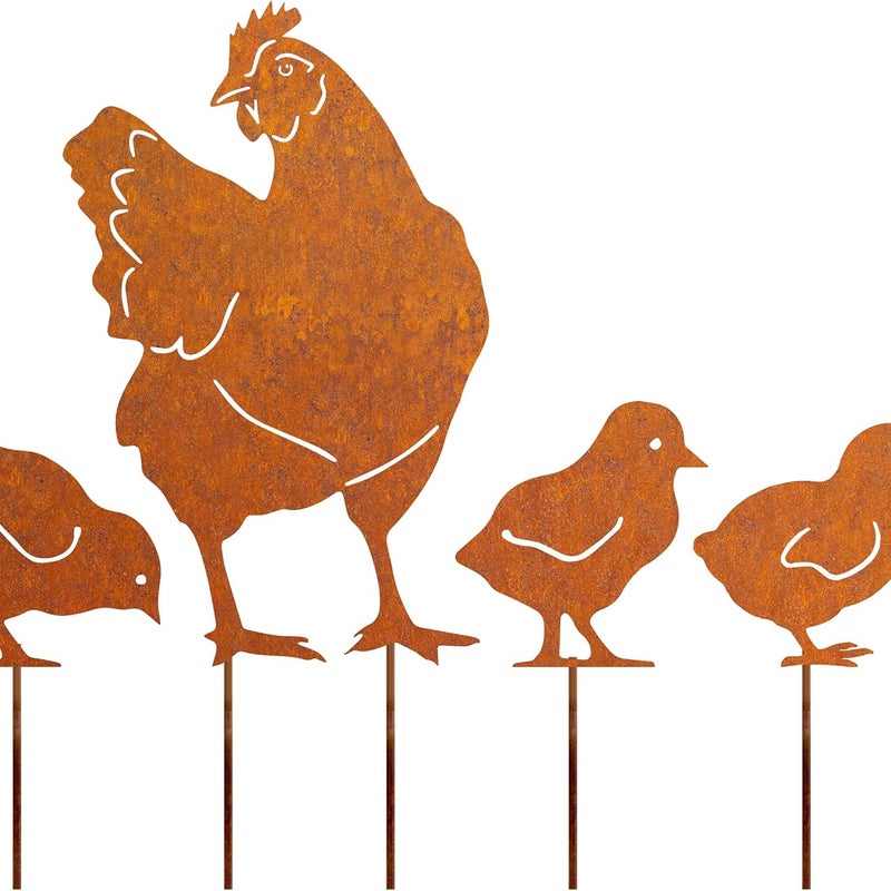 Piki Kurczaki Rdzawe - Zestaw 4 sztuk - Dekoracja Ogrodu w Stylu Retro z Naturalną Patyną