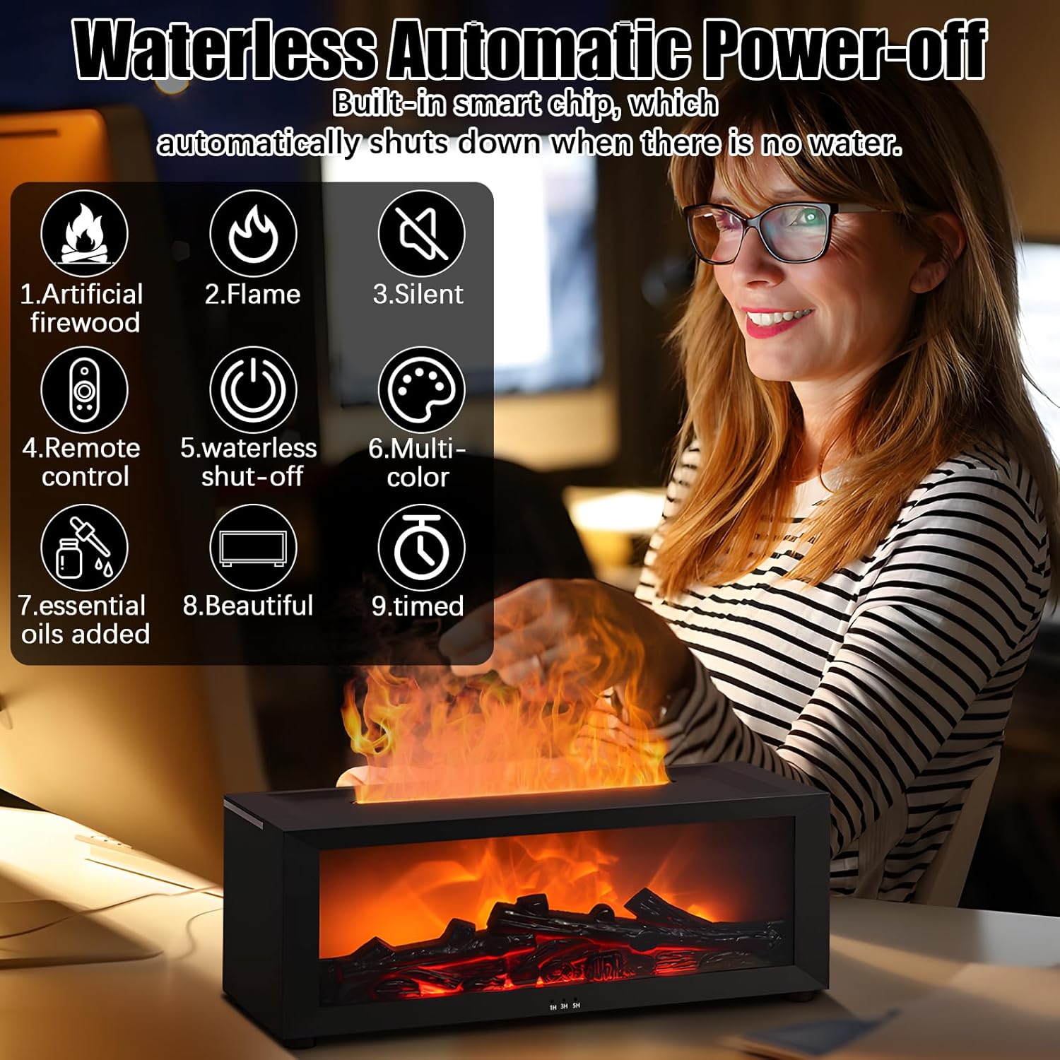 Difusor eléctrico de aceites esenciales, 7 llamas de colores, humidificador para dormitorio, apagado automático sin agua, difusor de fragancias para a - 5