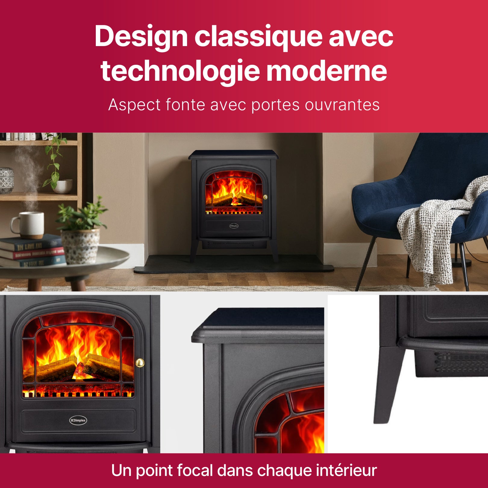 Cheminée électrique avec chauffage sur pied - Dimplex - Optiflame, 2000W, télécommande - Club - 6