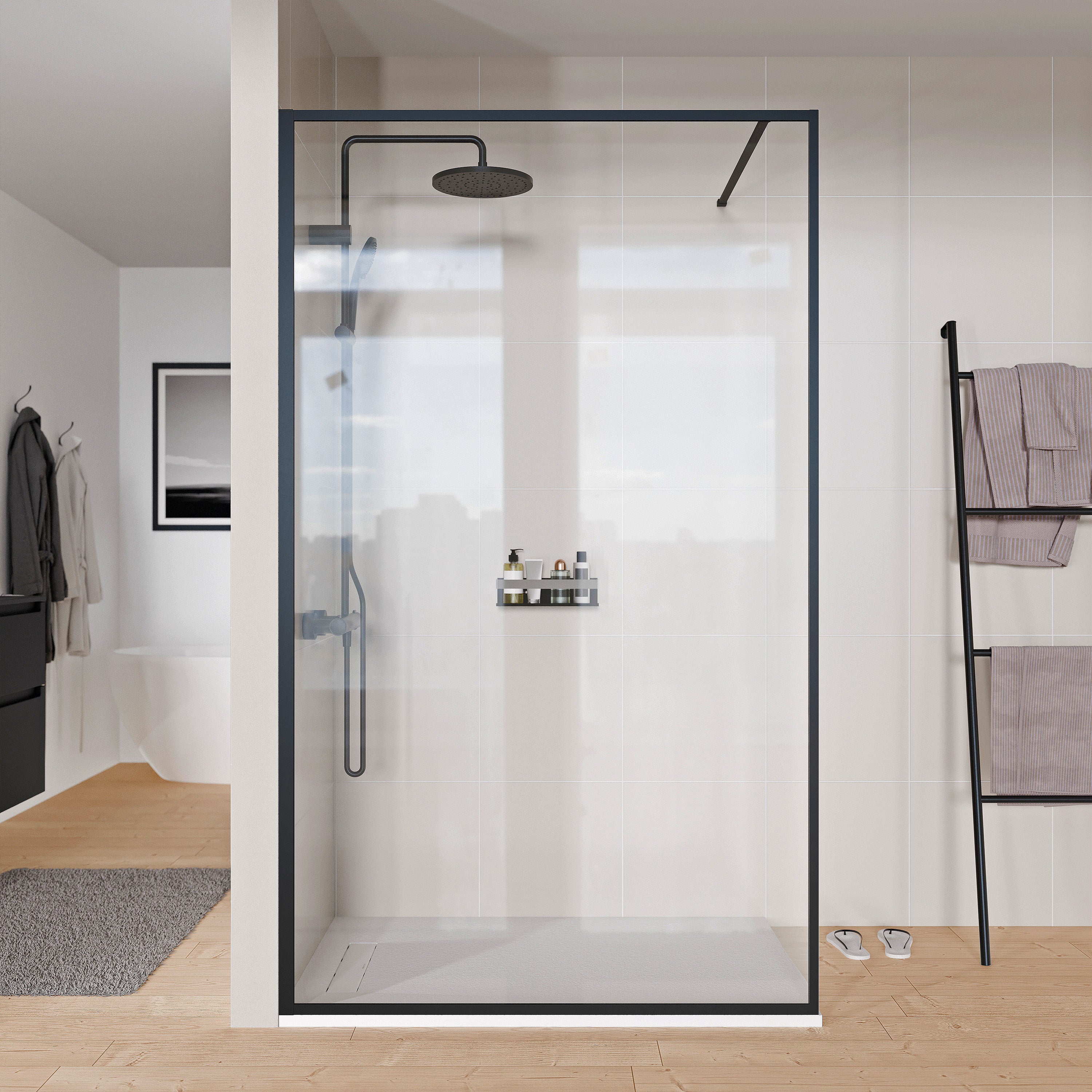 Bernstein Ścianka prysznicowa 130cm Walk-In 8mm FRAME profil czarny drążek stabilizujący - 2