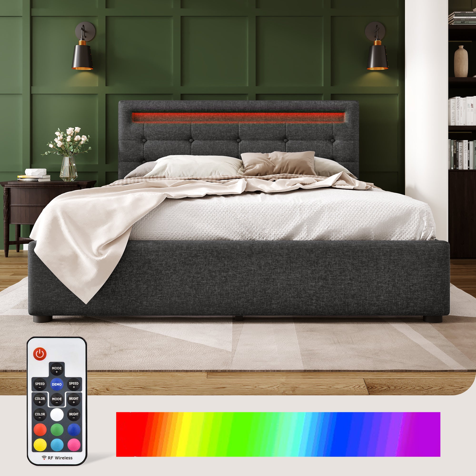 Łóżko z pojemnikiem na pościel 140x200cm z oświetleniem LED + 2 szuflady + stelaż - Szare - 3