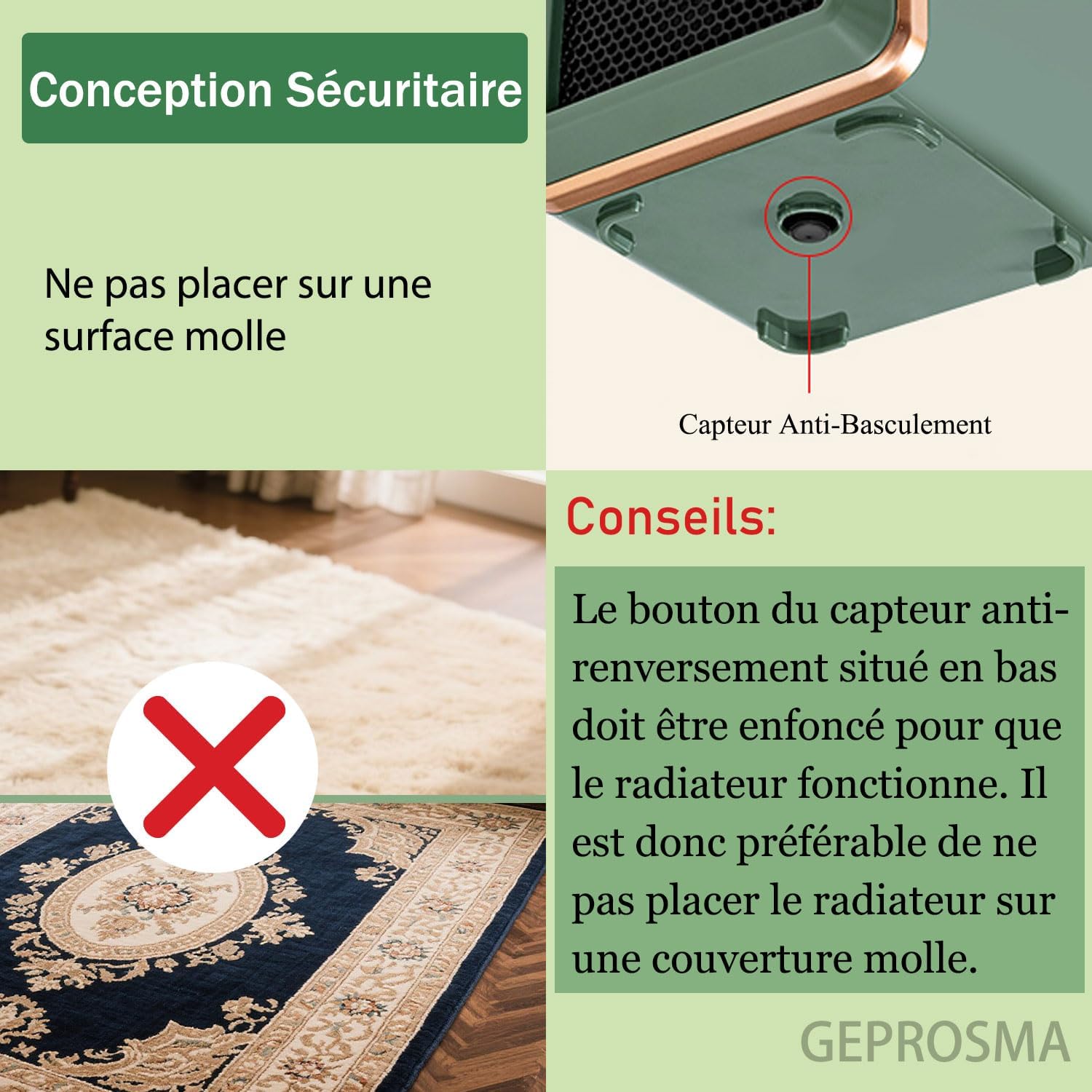 Chauffage d'appoint Electrique Portable, Radiateur Soufflant Economie d'énergie PTC Ceramique,Chauffage Cinétique,Chauffage Mini Dumping Protection - 7