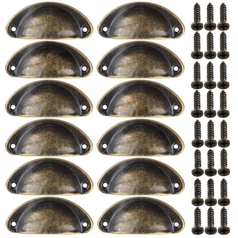 12 uchwytów Shell Cup, uchwyty do szuflad w stylu vintage, klamki do drzwi szafek i gałki, brązowe