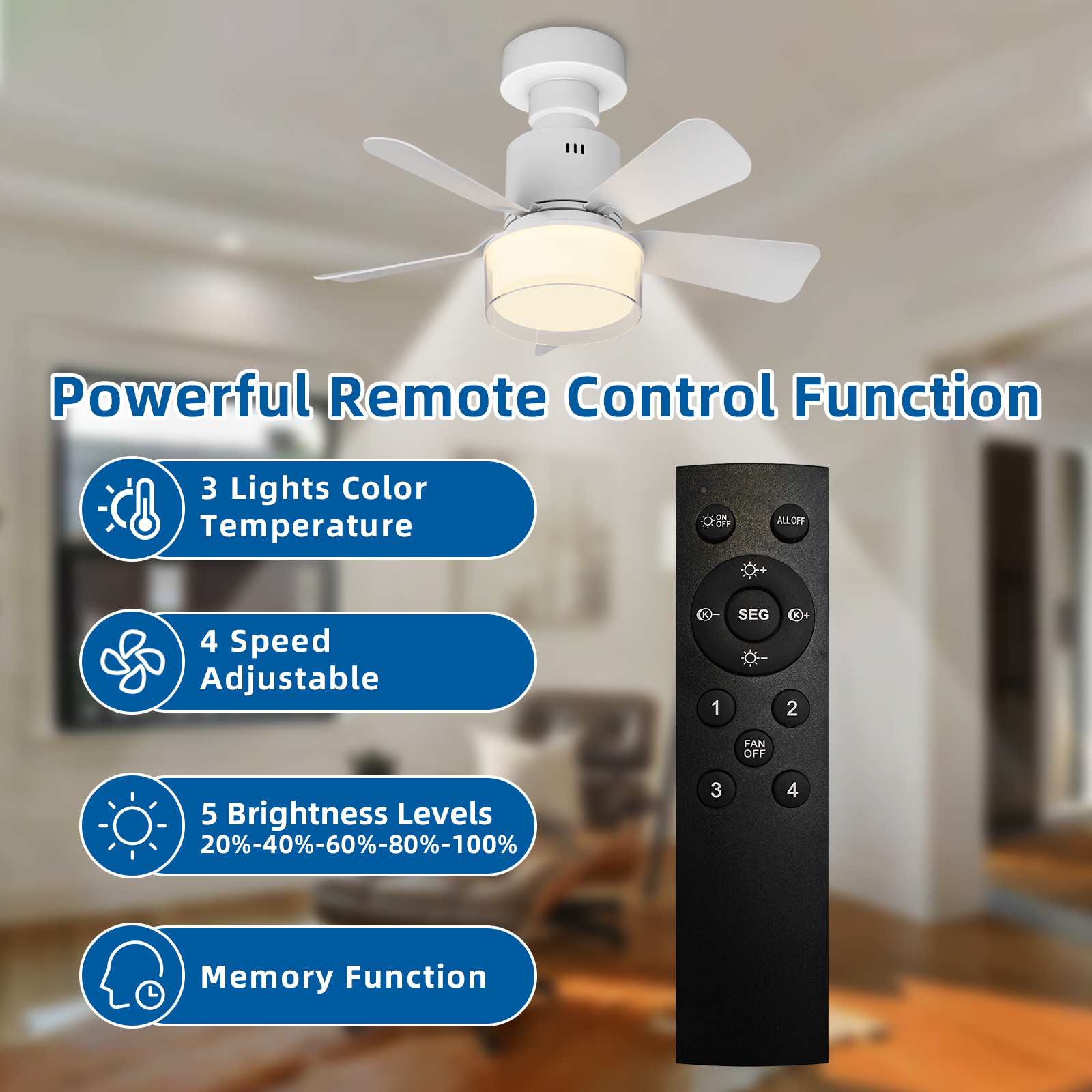 Ventilateur de plafond intelligent 2-en-1 E26/E27 LED télécommande sans outil installation multi-modes éclairage et ventilation éco-énergétique - 4