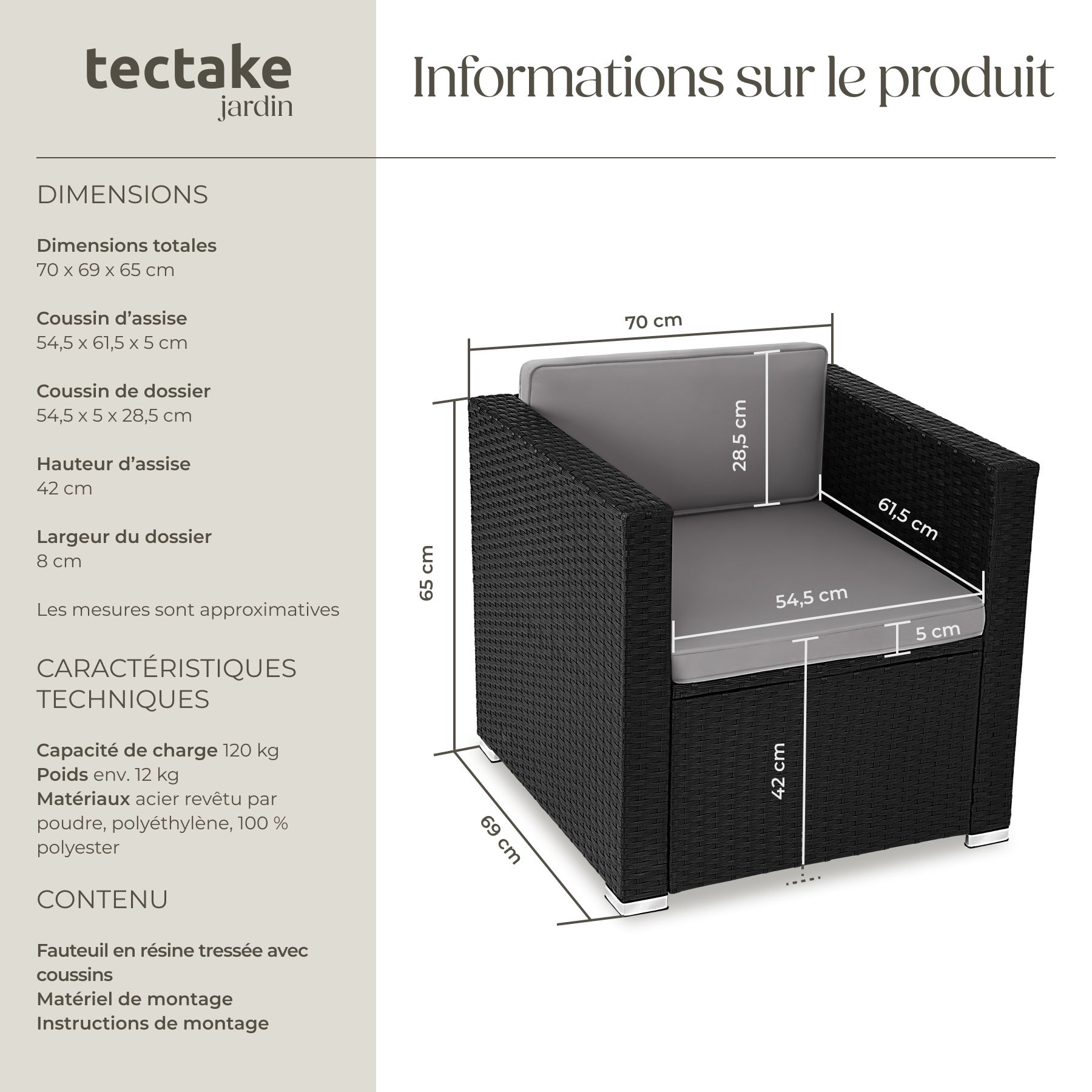 Fauteuil rotin en polyéthylène et acier résistant aux UVs avec coussins d'assise et dossier 70 x 69 x 65 cm TECTAKE - 6