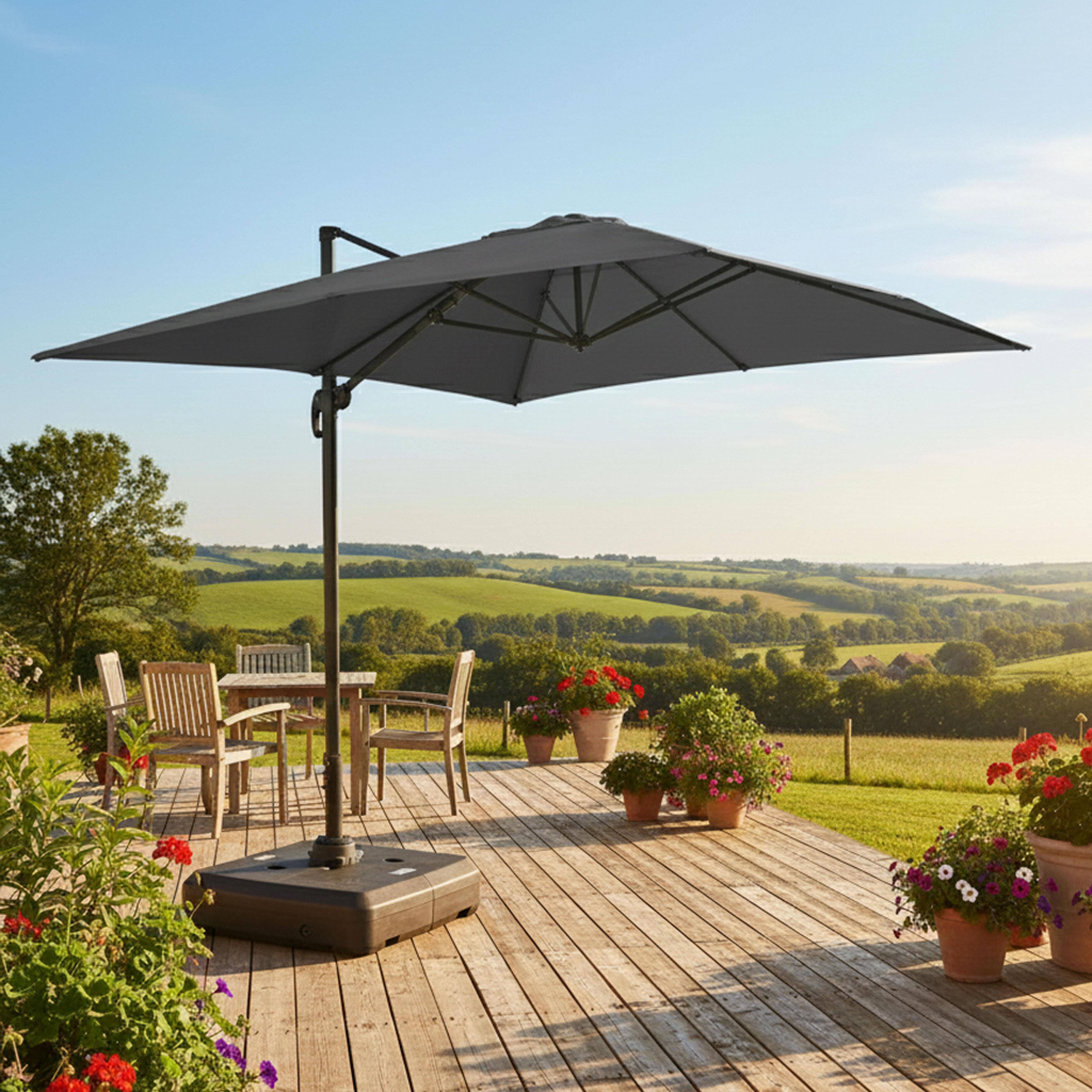 Parasol déporté 4x3 m 360° inclinable + à lester sur roues gris - 2