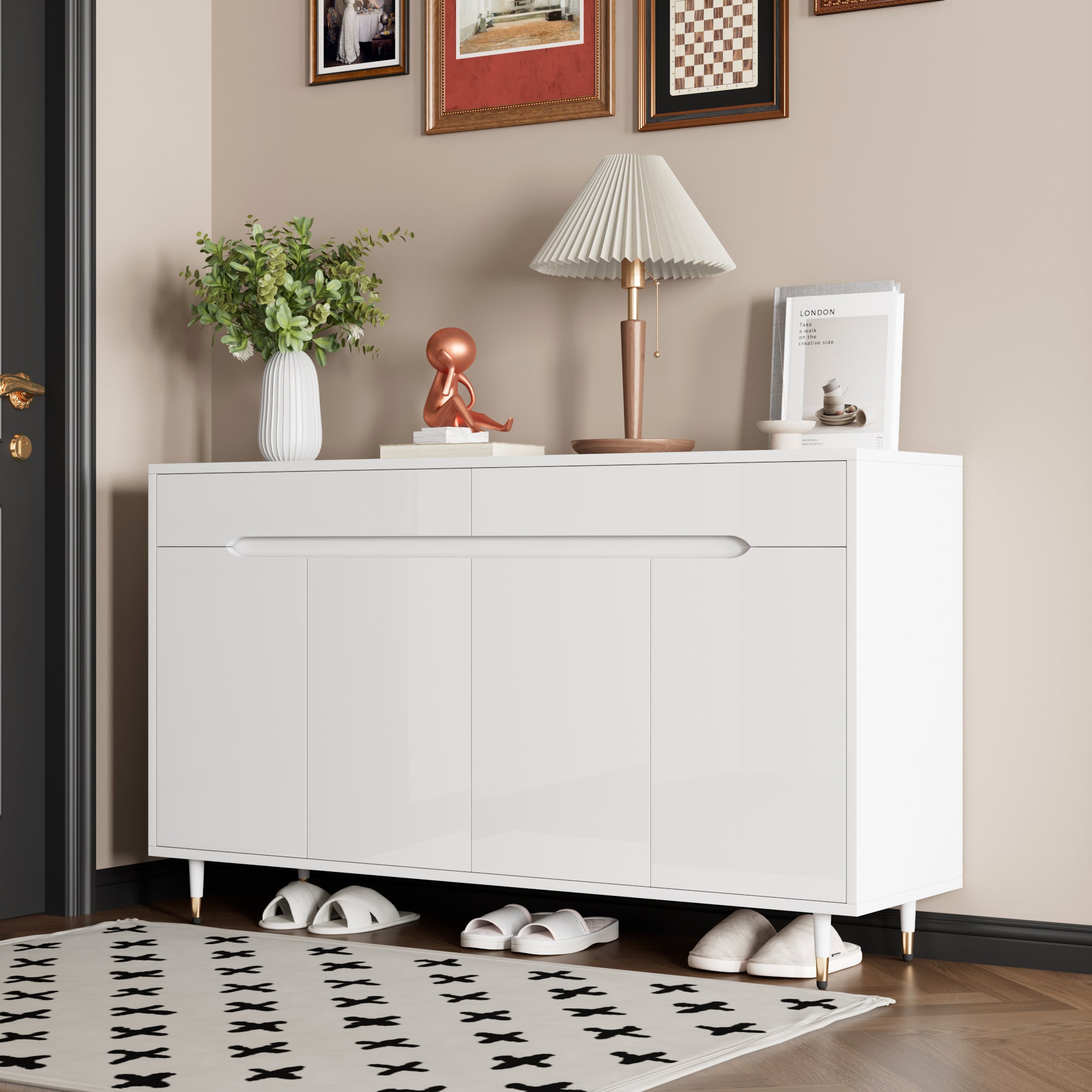 Meuble à chaussures moderne 140x39x84 cm - 2 portes et 2 tiroirs - Étagères réglables - Pieds dorés - Blanc - 5