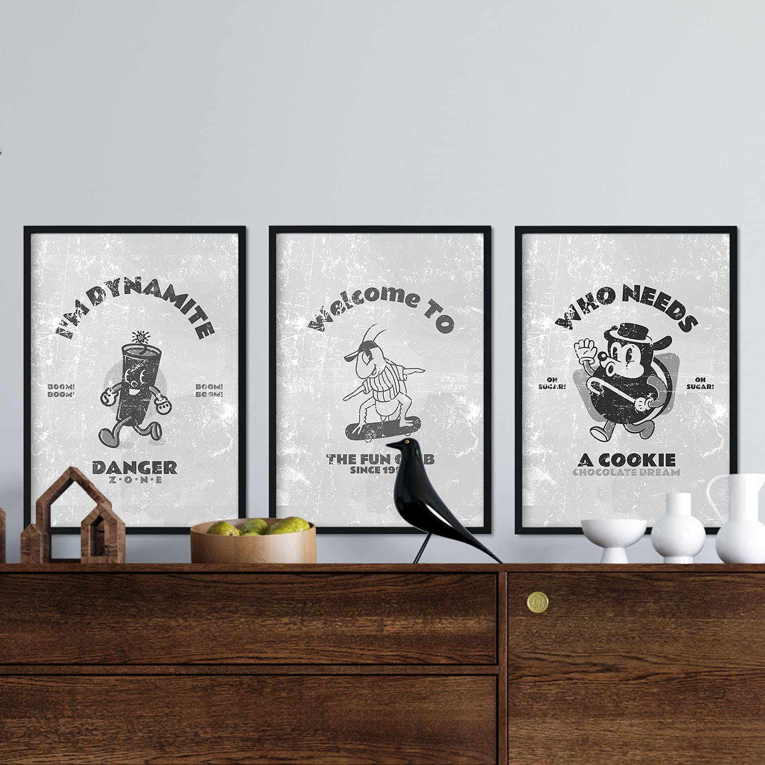 Pack de láminas set mix. pósteres con ilustraciones de dibujos retro en tonos grises. sin marco - a3