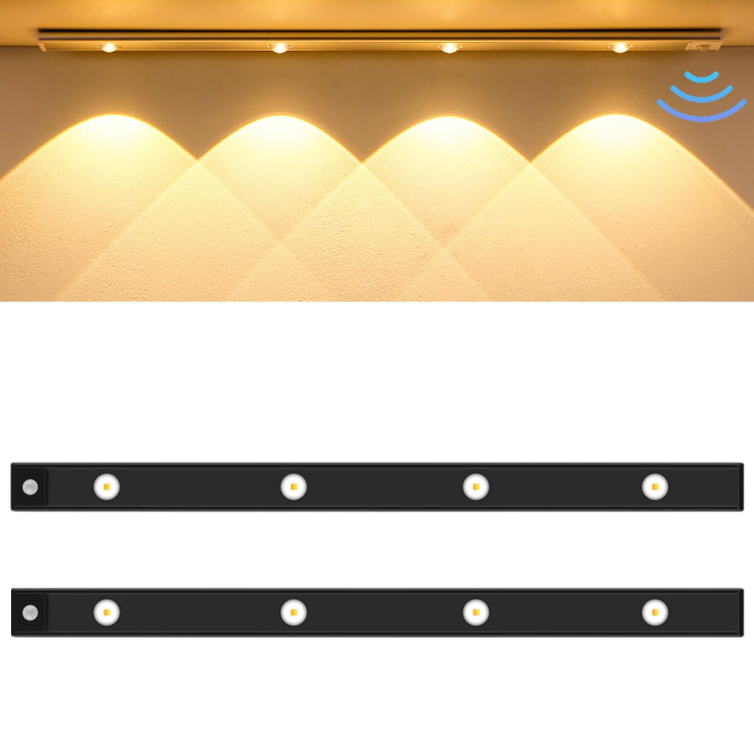 Zestaw 2 lamp LED z czujnikiem ruchu, 3 kolory, możliwość ściemniania, ładowane przez USB, do szafki kuchennej, schodów (czarne, 50 cm)