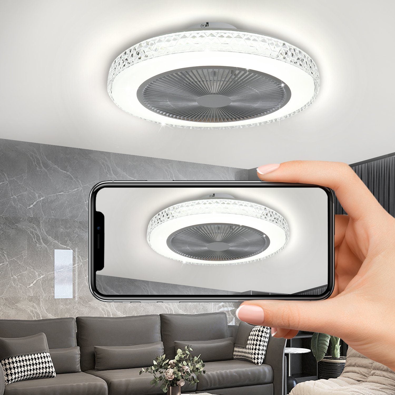 NETTLIFE Ventilateur de Plafond LED Silencieux 48.5cm, Cristal Moderne, Dimmable avec Télécommande, Mode Été/Hiver, Minuterie pour Salon et Chambre - 4