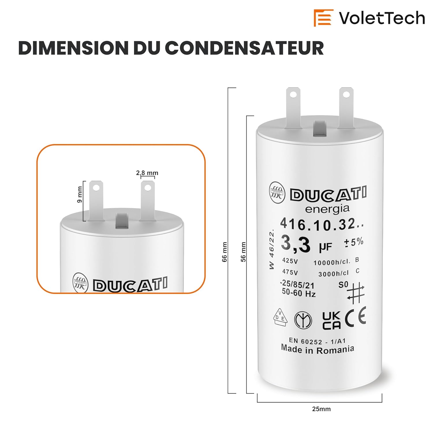 Lot de 2 Condensateurs 3,3 uF pour Moteur de Volet Roulant Somfy | Durée de Vie 10 000 Heures | Condensateur Cylindrique Ducati - 4