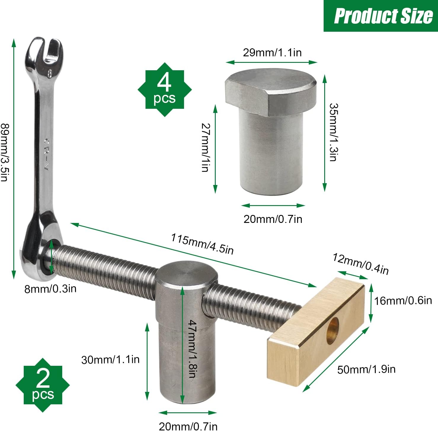 Lot 2 Étaux De Table Menuisier + 4 Bench Dogs – Serre-Joints Rapides Pour Banc 20 Mm – Acier Inox & Laiton