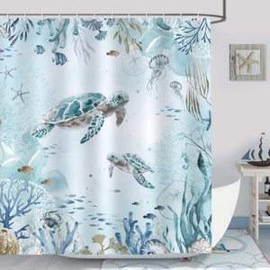 Rideau De Douche Motif Palmiers Et Mer - 120 X 180 Cm - Polyester - Set Avec Crochets - Neuf