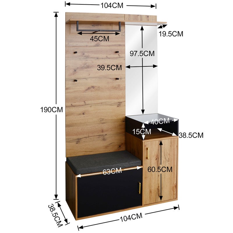 Vestiaire Entrée avec Banc Miroir Porte-Chaussures 4 Crochets Noir Bois 105x40x191.5cm MDF Meuble Rangement Hall Mural Penderie Tringle et Étagère - 4