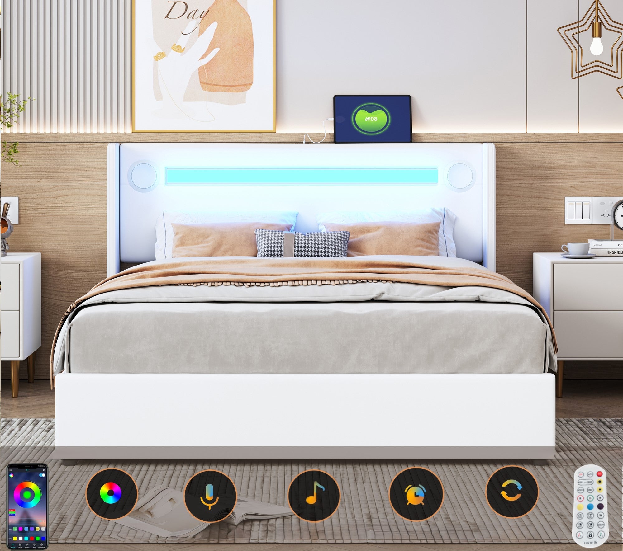 Łóżko z tapicerowanym zagłówkiem z ekoskóry 160x200cm z LED, odtwarzaczem Bluetooth i portami USB - z stelażem na listwy - Białe - 2