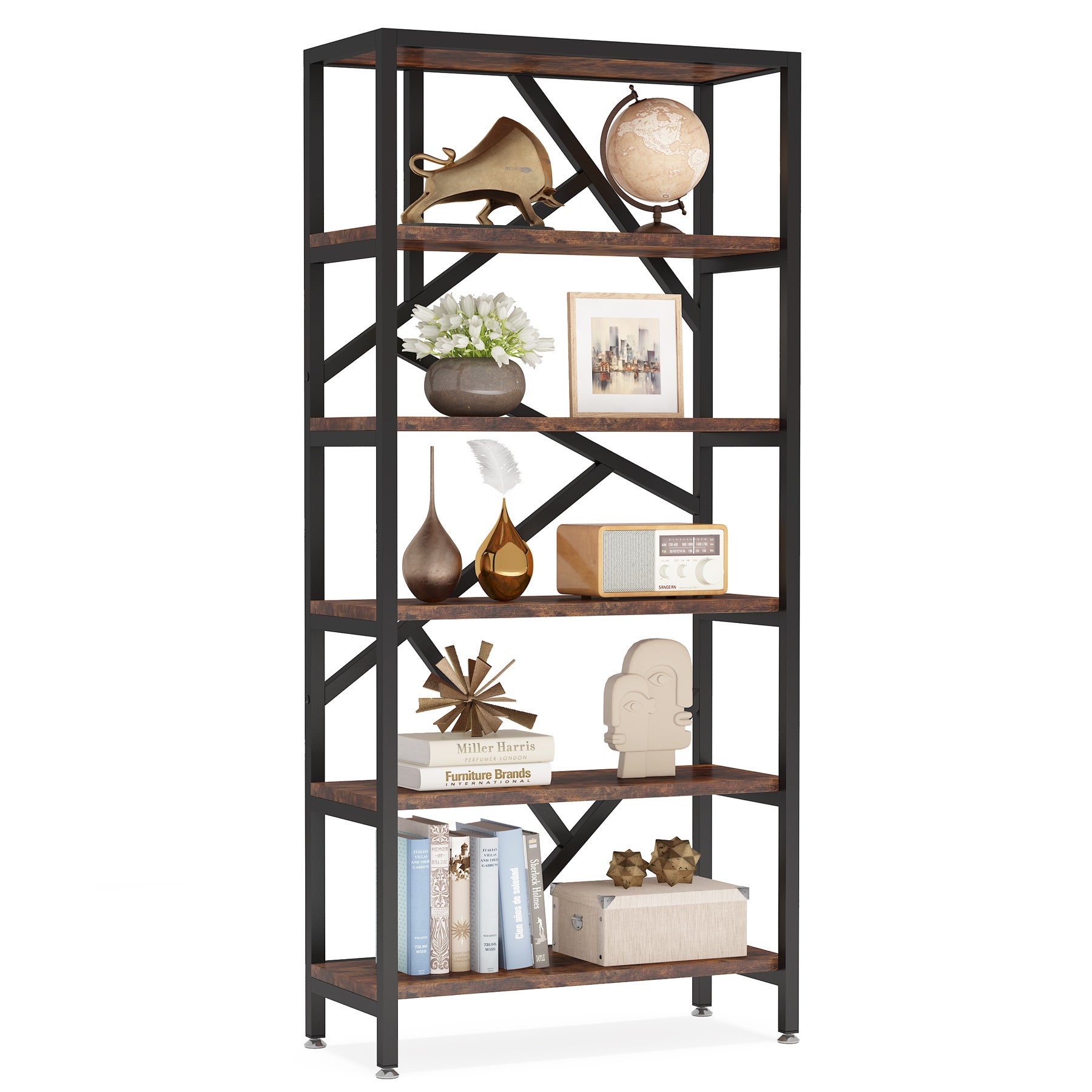 IDEALHOUSE Libreria angolare industriale grande libreria in piedi con struttura in metallo, 5 ripiani, scaffale rustico per camera da letto, soggiorno, ufficio domestico