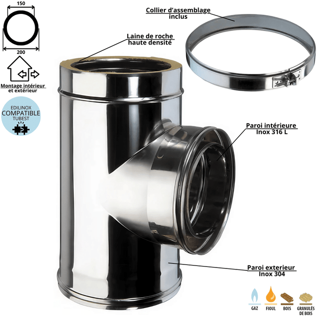 Té 90 degrés conduit double paroi isolé Edilinox - Diamètre 150 mm