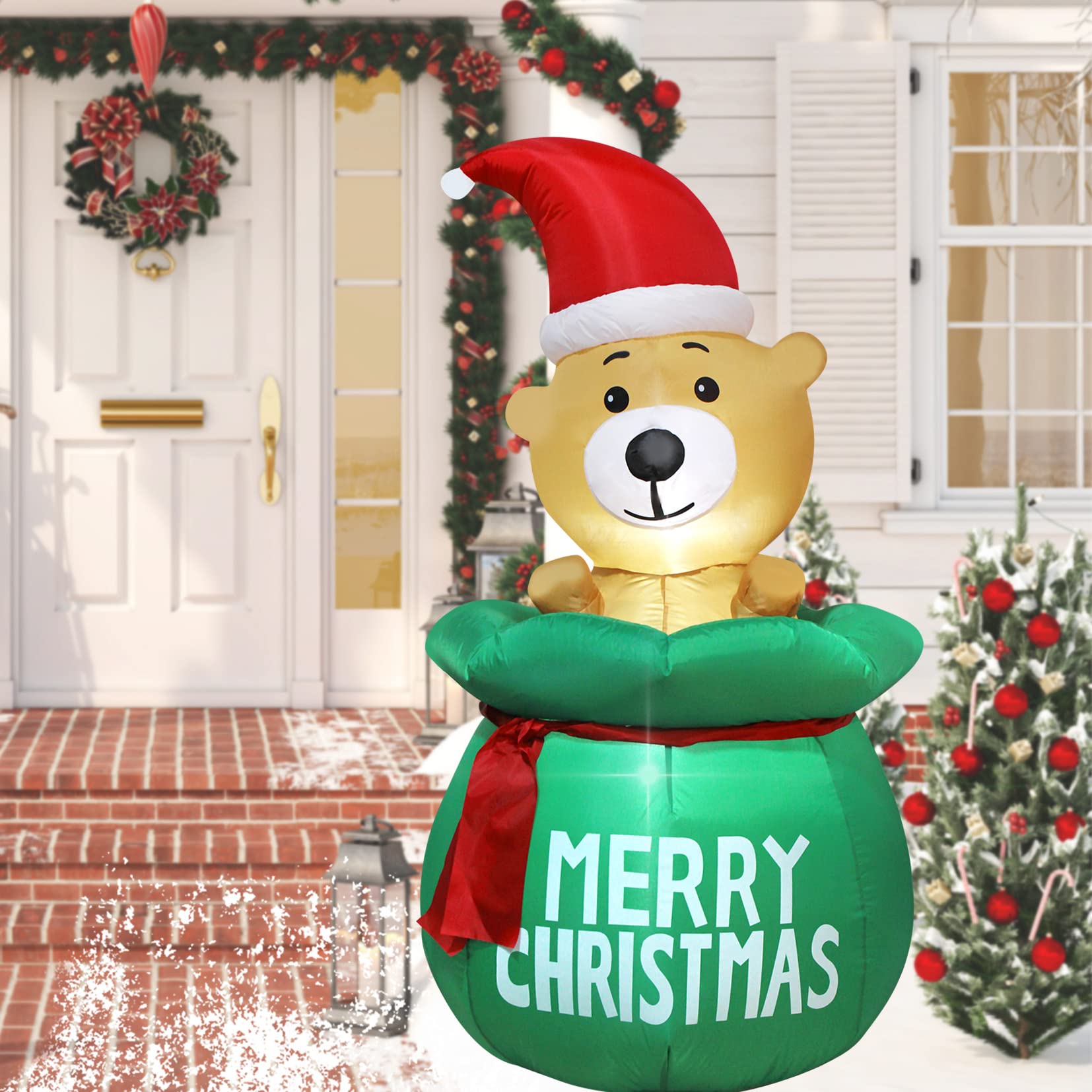 Ours gonflable de noël de 120cm avec sac du père noël, décoration de noël éclairée avec ventilateur intégré et lumières LED - 3