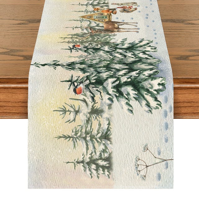 Caminho de Mesa de Natal com Árvores de Veado, Caminho de Mesa de Natal em Linho Verde e Branco com Árvore de Natal e Estampa de Alce, Decoração de Na