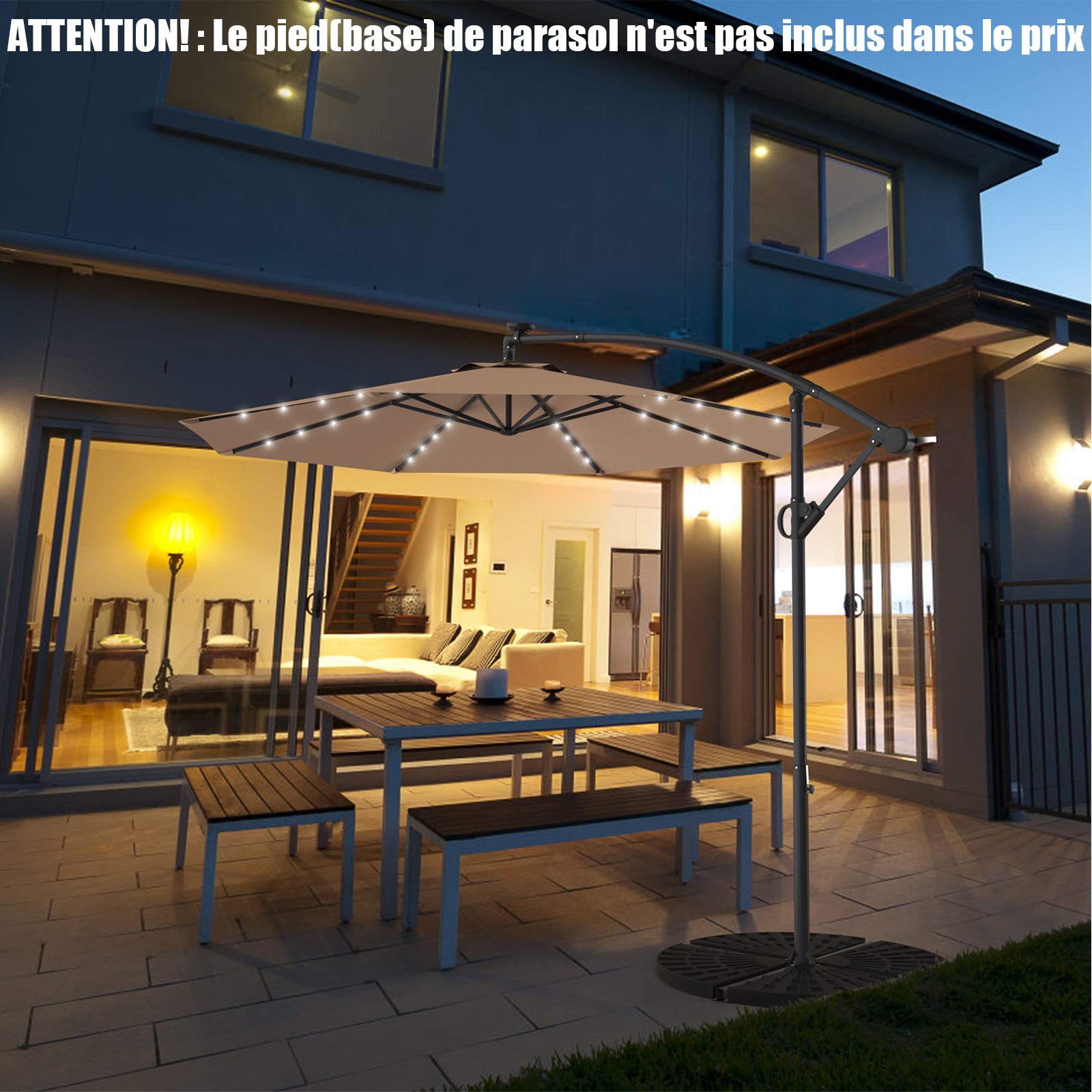 Parasol de Jardin D.300CM Rotatif à 360°-Parasol Inclinable avec 8 Baleines et 32 LED Solaires,pour Jardin/Terrasse,Beige - 6