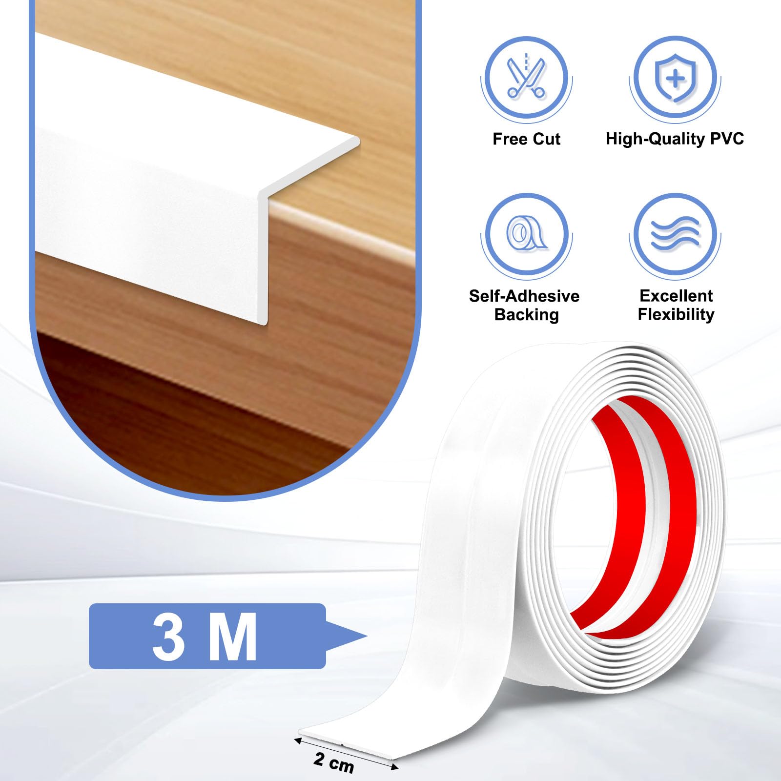 Baguette d’Angle PVC Cornière Moulure Murale Autocollante Protection Profilé Souple pour bordure de carrelage Plafond (Blanc brillant, 2cm×3m) - 2