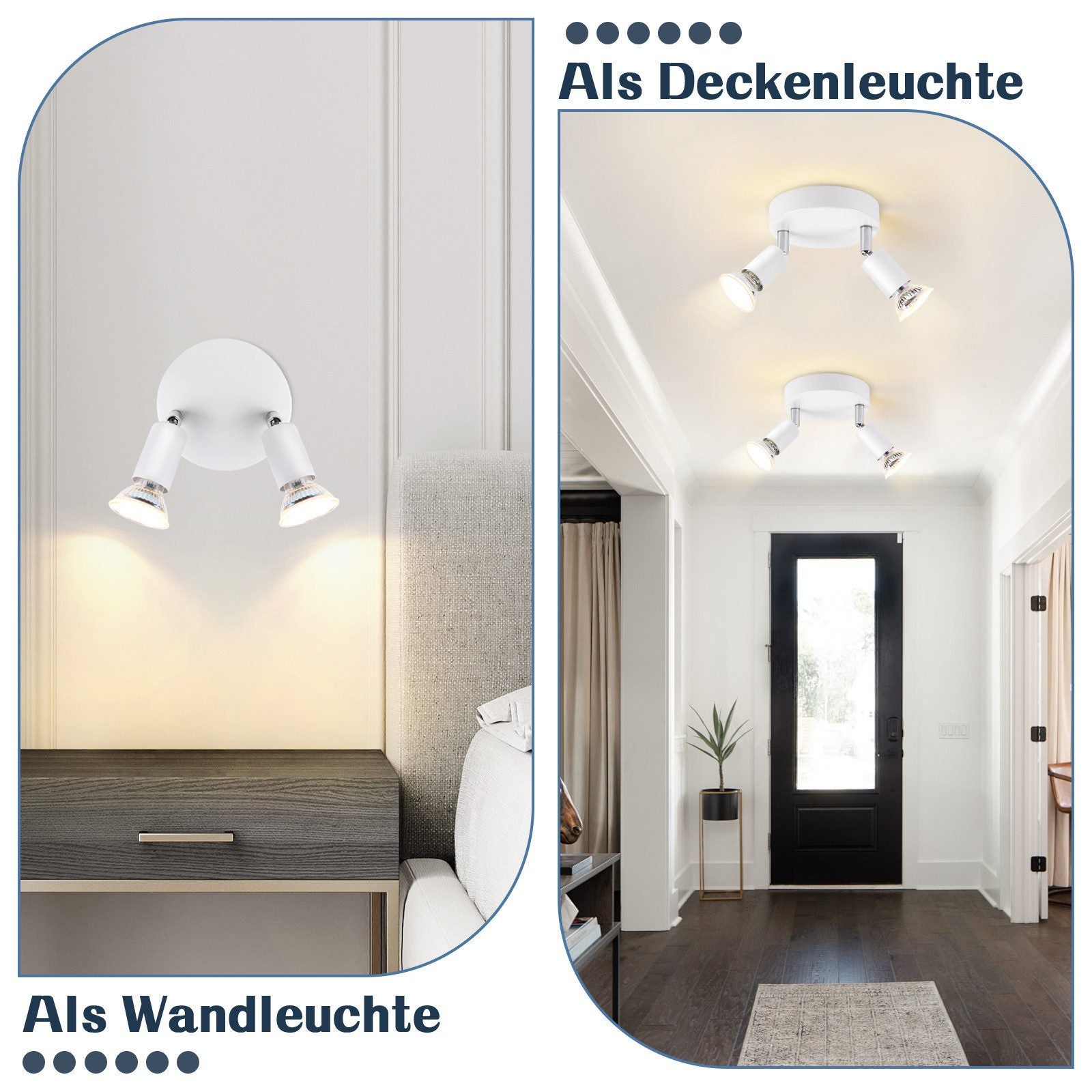 NETTLIFE Plafonnier LED GU10 -2 Spots de Plafond Ronde Moderne Spots de Plafond 350° pour Cuisines Couloir Chambre Salon - sans Ampoule Blanc - 5