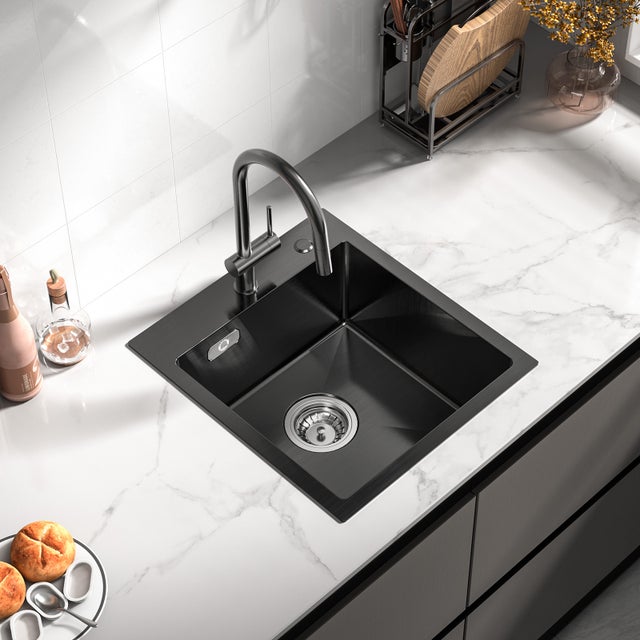 Cecipa max Évier Cuisine 1 Bac 40 × 45 cm Évier Inox 304 Montage à Encastrer ou à Fleur de Plan Au Moins 40 cm du Bas de l'Armoire - Noir,EU Modèle
