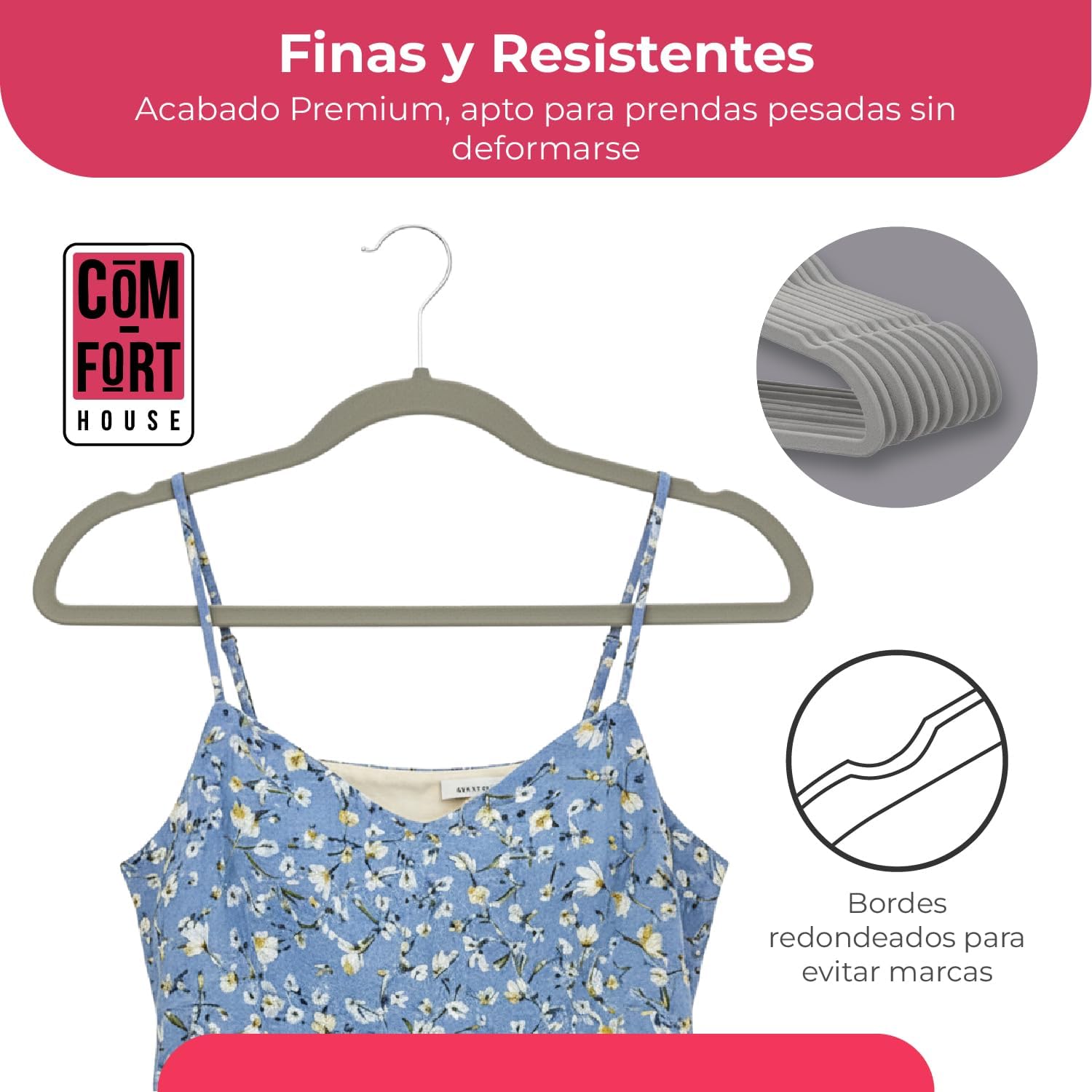 CASA COM-FORT | Cabide de Veludo | Cor Cinza | Antiderrapante e resistente | Cabides para roupas 40 Unidades | - 3