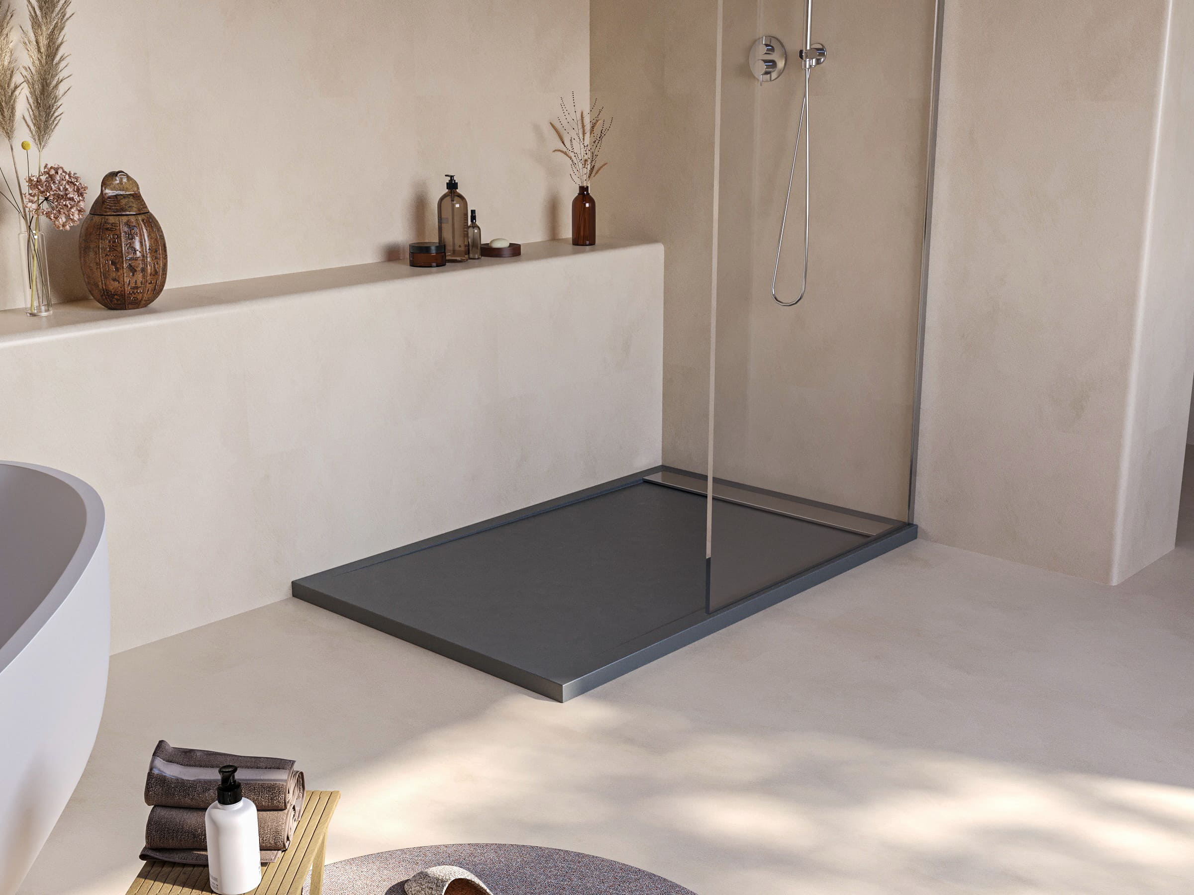 SOULHOME Brodzik prysznicowy– Żywica– Gel Coat– Gładka/Kamienna tekstura – Antypoślizgowy – cementowoszary- 110x90- Niski 3cm– Ruszt INOX