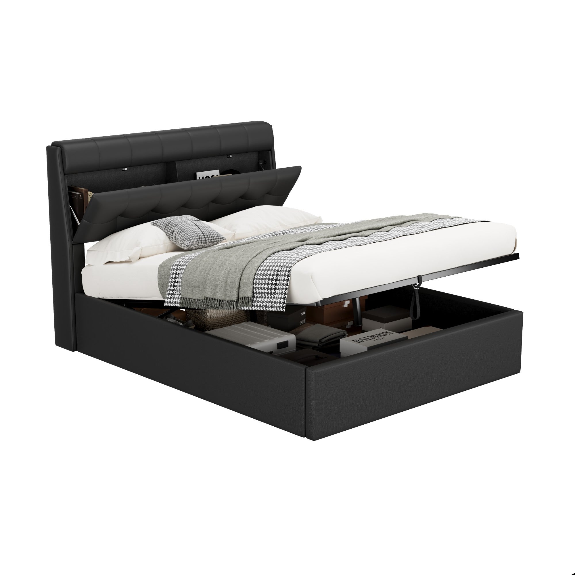 Lit coffre 140 x 200 cm avec tête de lit rangement - LEDs - Cuir PU - Noir (sans matelas) - 8