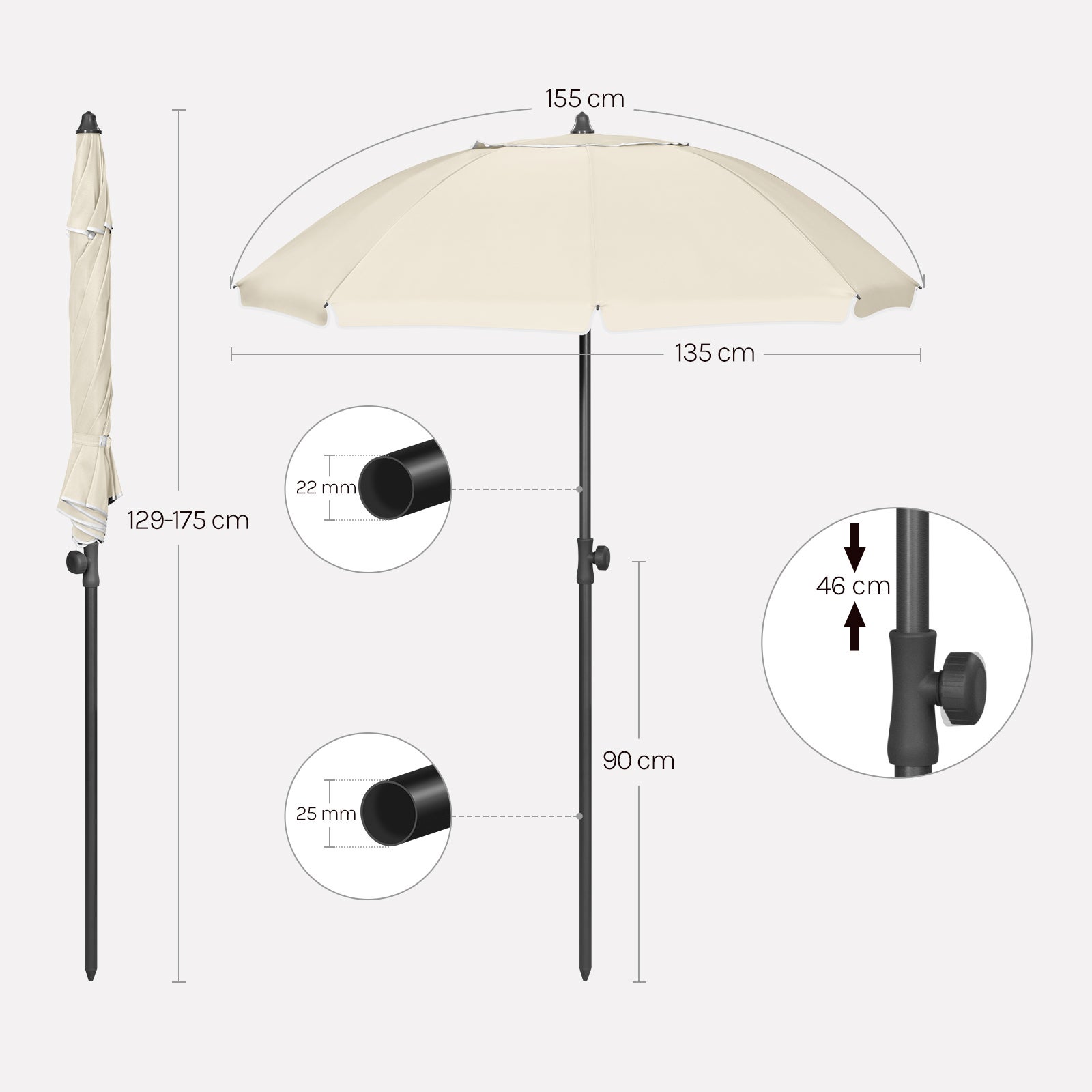 Parasol de Jardin WOLTU, Ø135 cm, Parasol Inclinable, Hauteur Réglables, Protection Solaire UPF 50+, Beige - 4