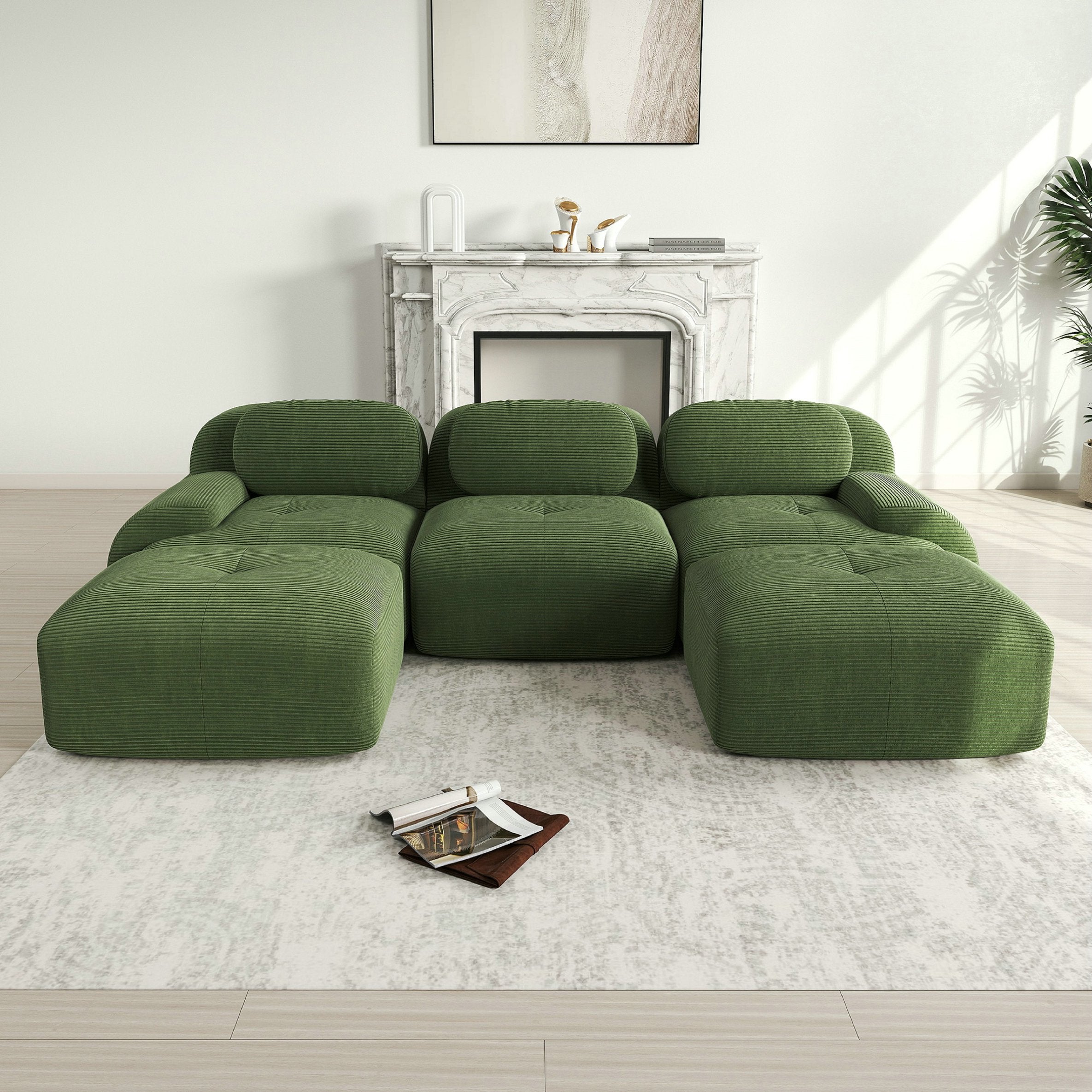 Canapé d\'angle modulable 3 places, antidérapant et adapté aux animaux – accoudoirs extra-larges – tissu velours côtelé – Vert - 2