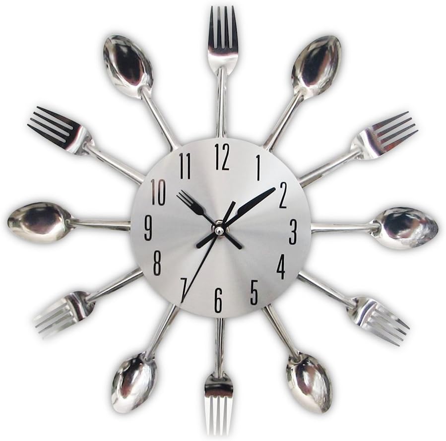 Reloj de cocina con efecto espejo y cuchara y tenedor 3d, ideal para decoración del hogar, 32 x 32 x 4 cm, plateado
