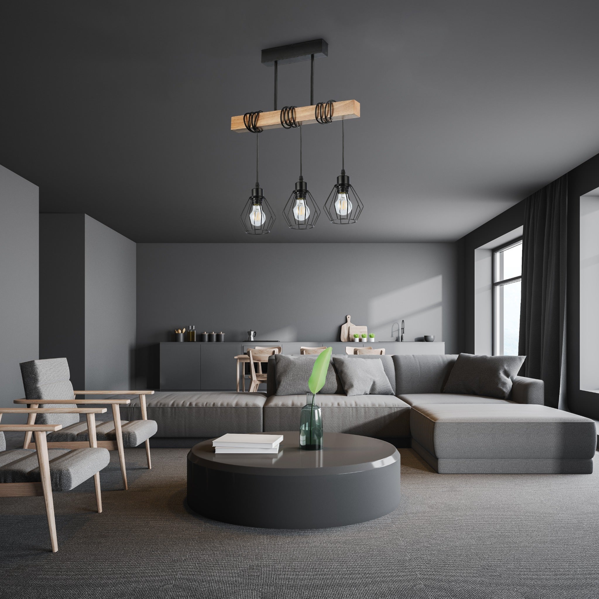 Lampa wisząca sufitowa Otto E27 3-punktowa potrójna IP20 czarna z drewnem MasterLED - 3