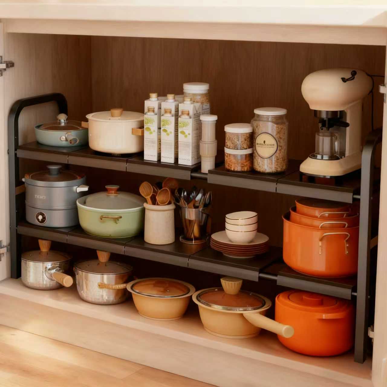 Étagère de rangement extensible pour cuisine, 53-88 cm, à deux niveaux,idéale pour ranger les casseroles,les aliments et les appareils électroménagers - 4